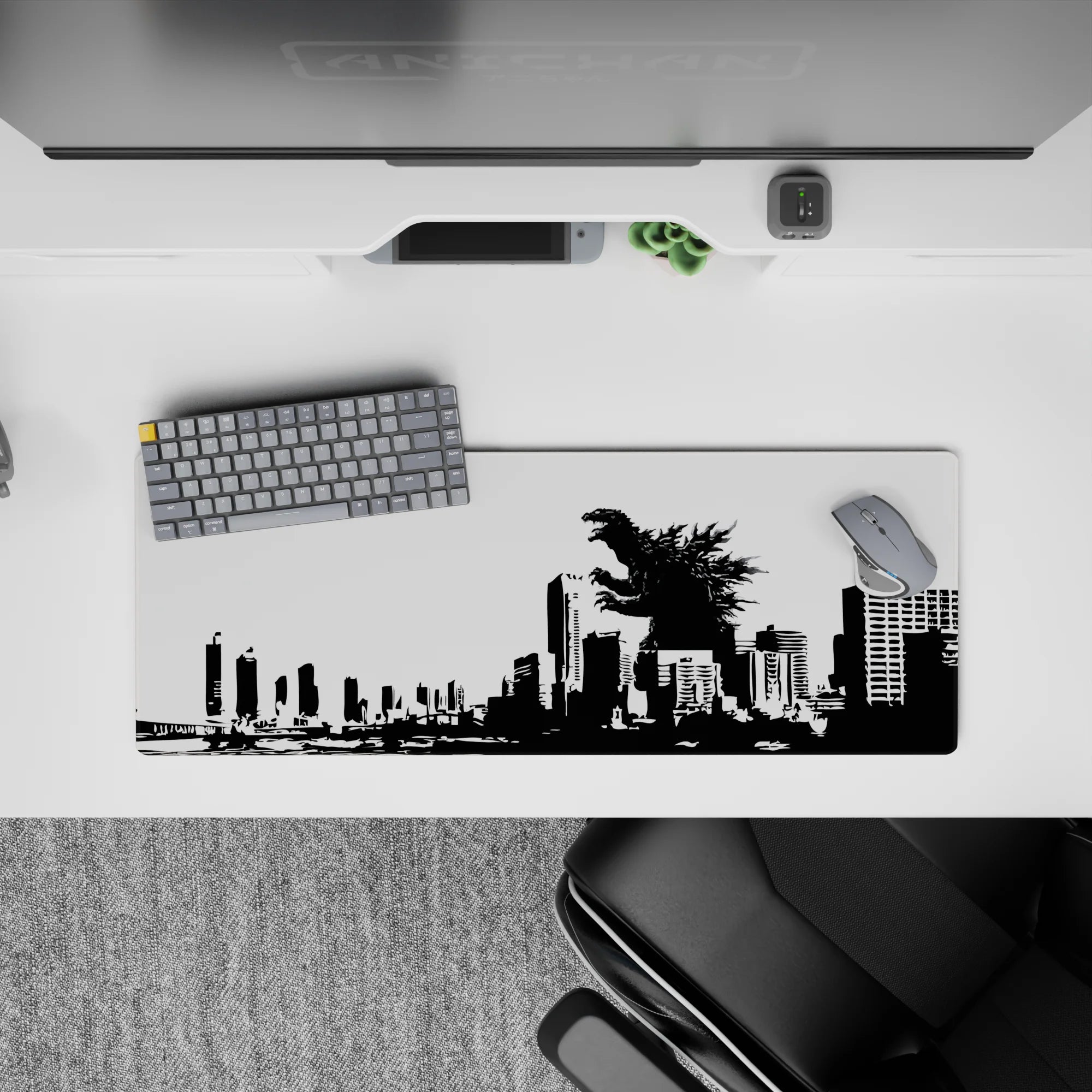 32x12 inches anime mouse pad in stark black and white, high-contrast kaiju ink-splash mood for RGB desks.