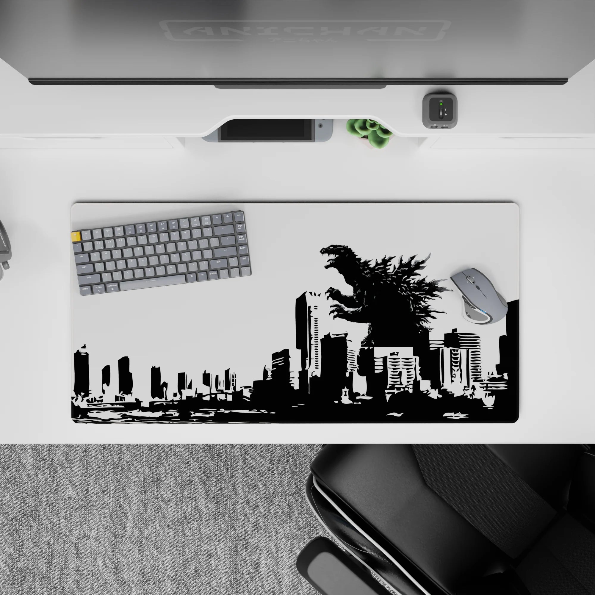 32x16 inches anime mouse pad in stark black-and-white, high-contrast skyline with ink-splash spines.
