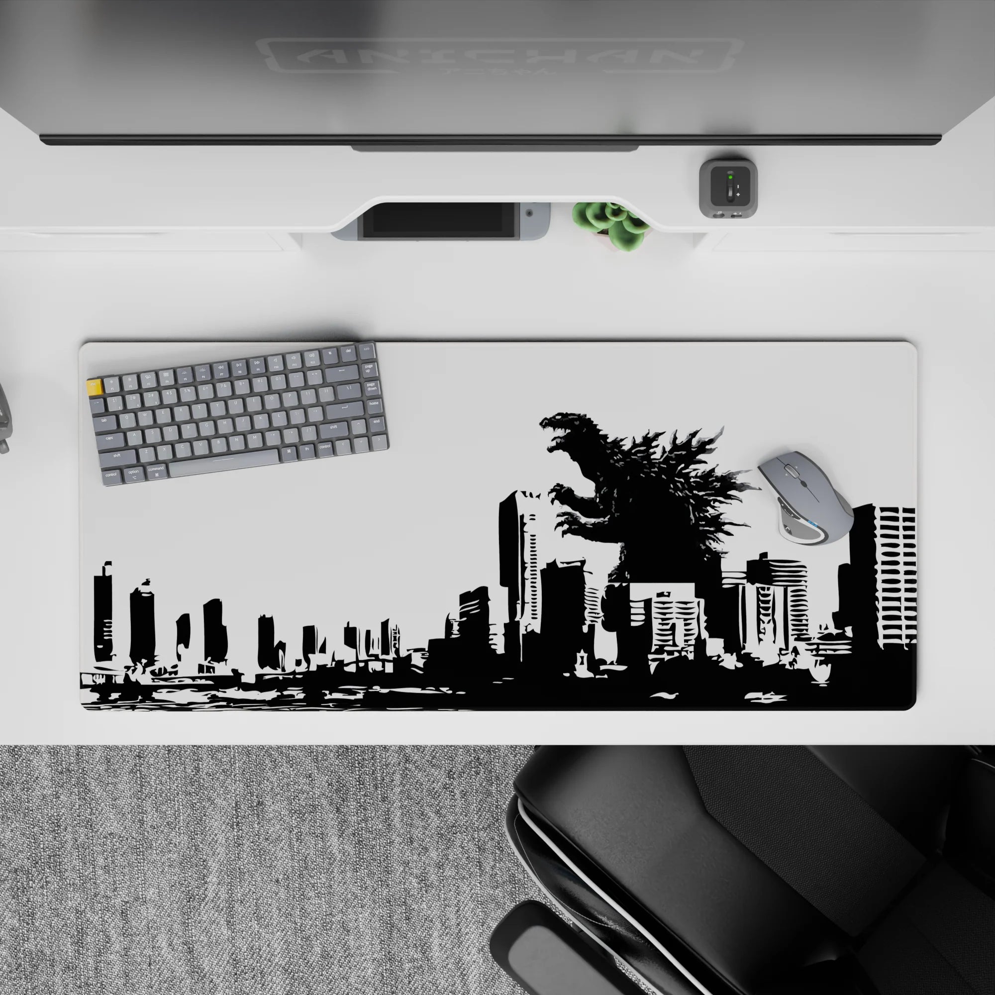 High-contrast black-and-white anime desk pad 36x16 inches with cinematic kaiju poster mood.