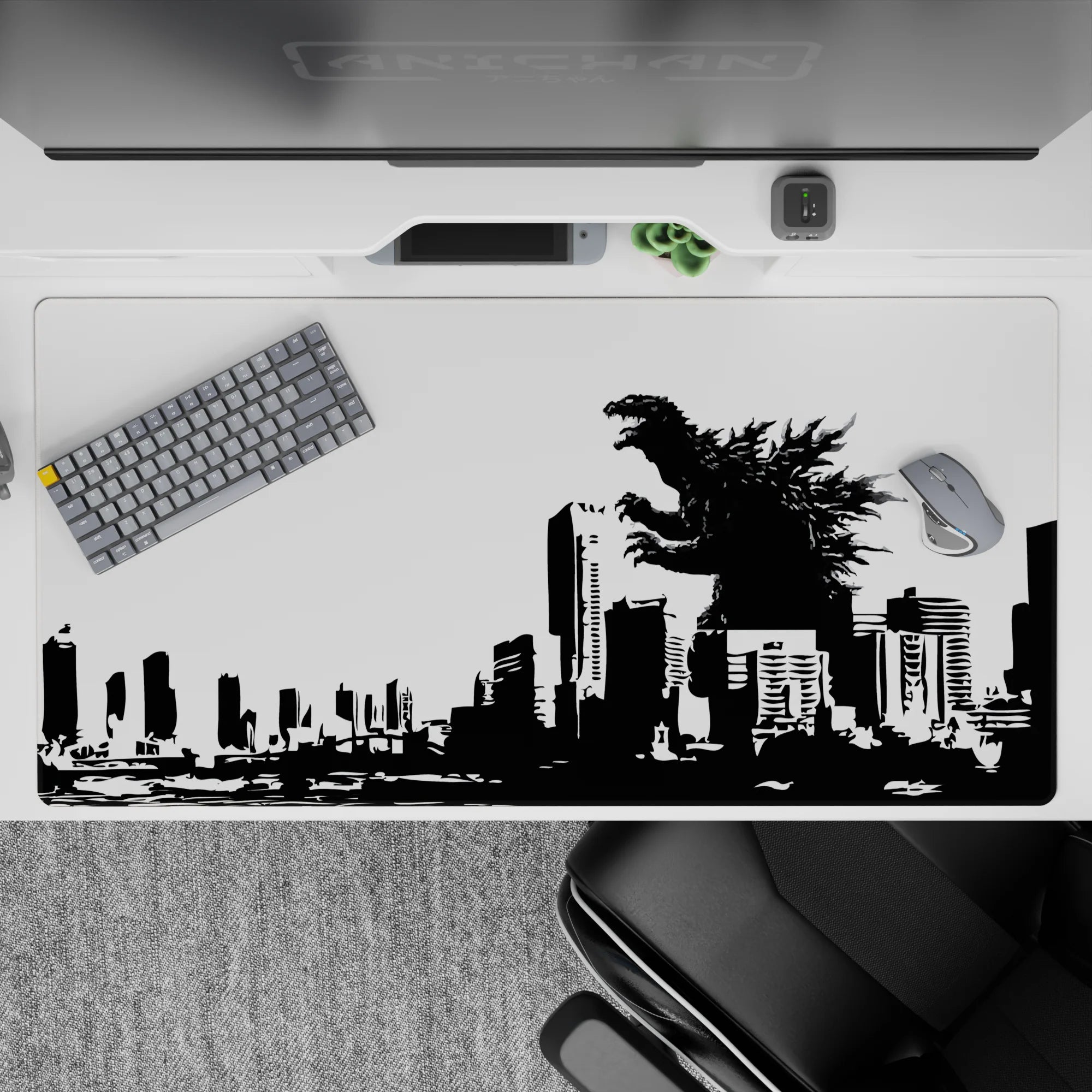 High-contrast black and white 40x20 inches anime desk pad, cinematic city terror mood with ink-splash spines.