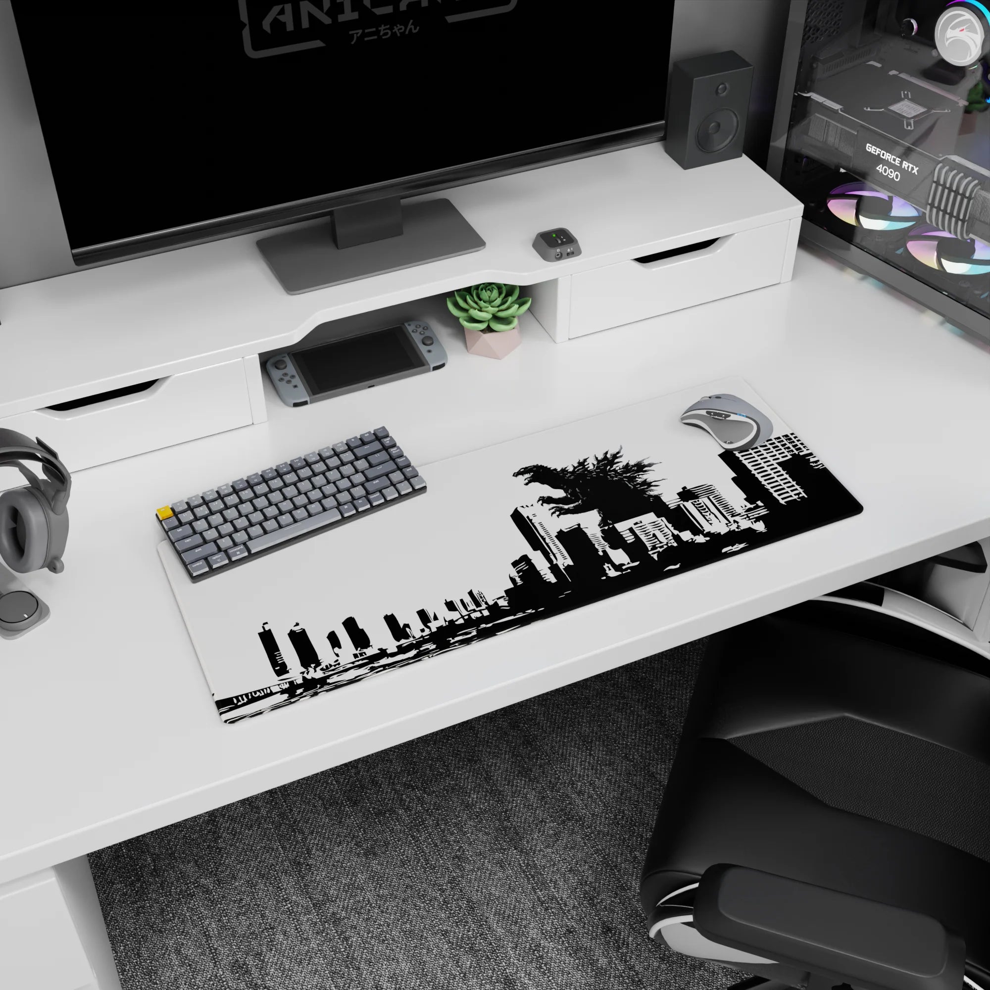 32x12 inches anime mouse pad showing a towering roaring kaiju with spiked back shattering a city skyline.