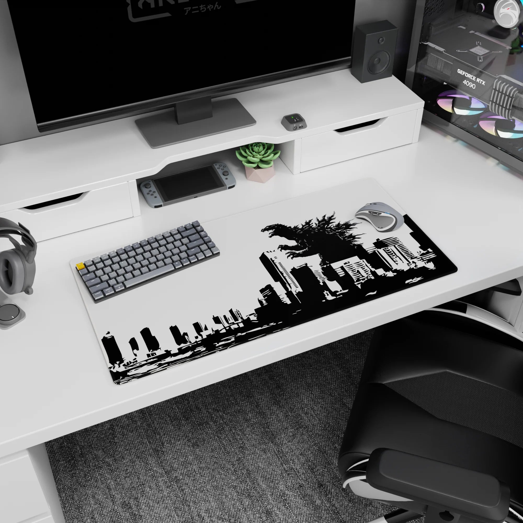 32x16 inches anime mouse pad showing roaring kaiju towering above stacked buildings, cinematic city scene.