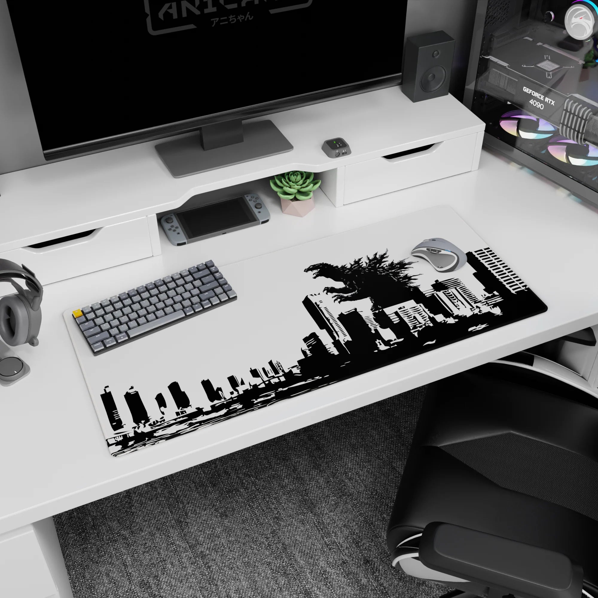 Roaring spined kaiju shattering a city skyline on an anime desk pad 36x16 inches.