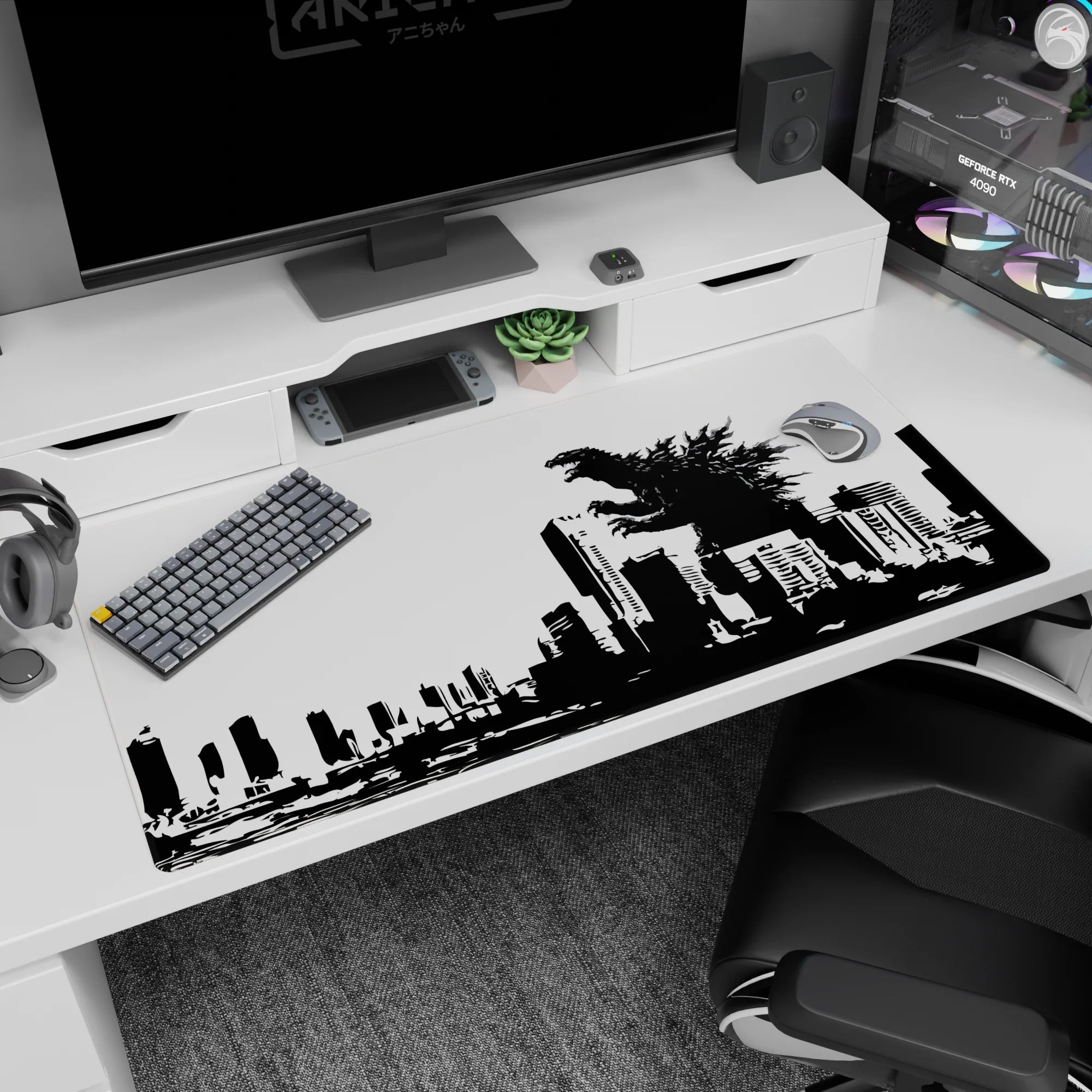 Roaring kaiju looming over stacked city buildings on a 40x20 inches anime desk pad, bold graphic scene.