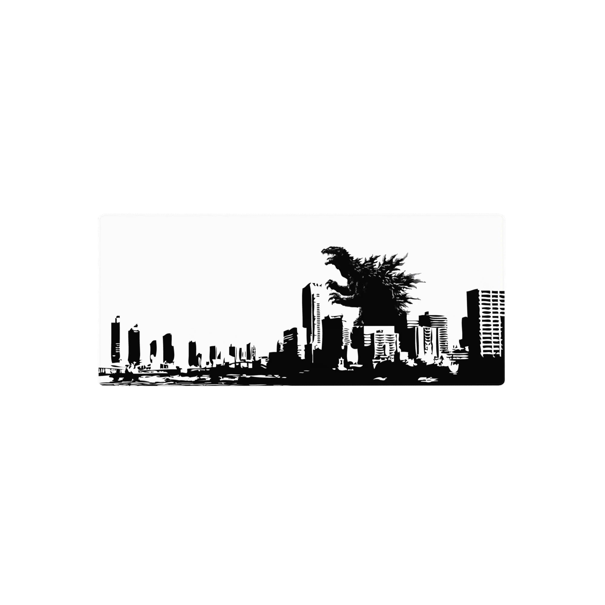 28x12 inches anime mouse pad with kaiju silhouette cracking a black-and-white city skyline poster design.