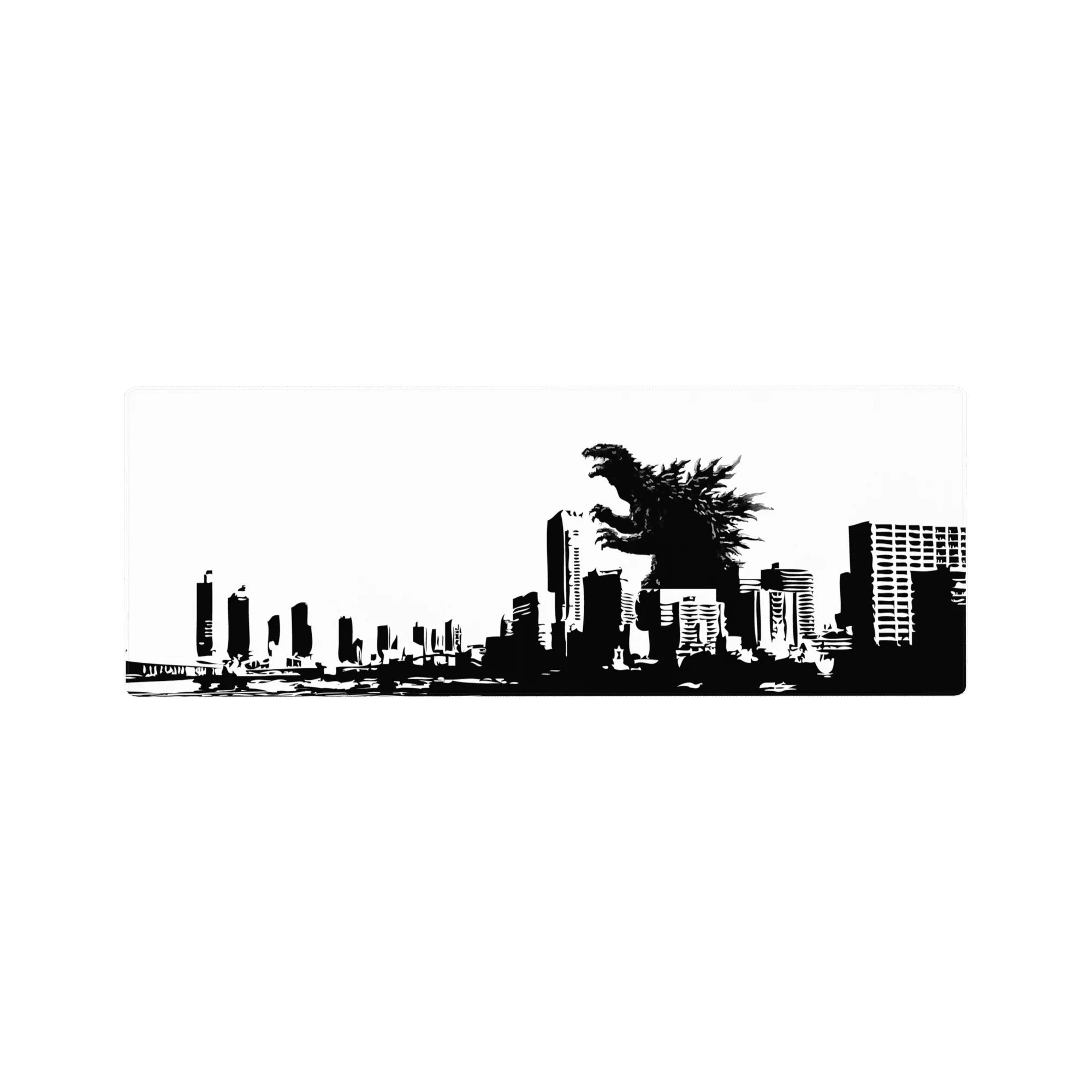 32x12 inches anime mouse pad with black-and-white city skyline and roaring kaiju silhouette poster design.