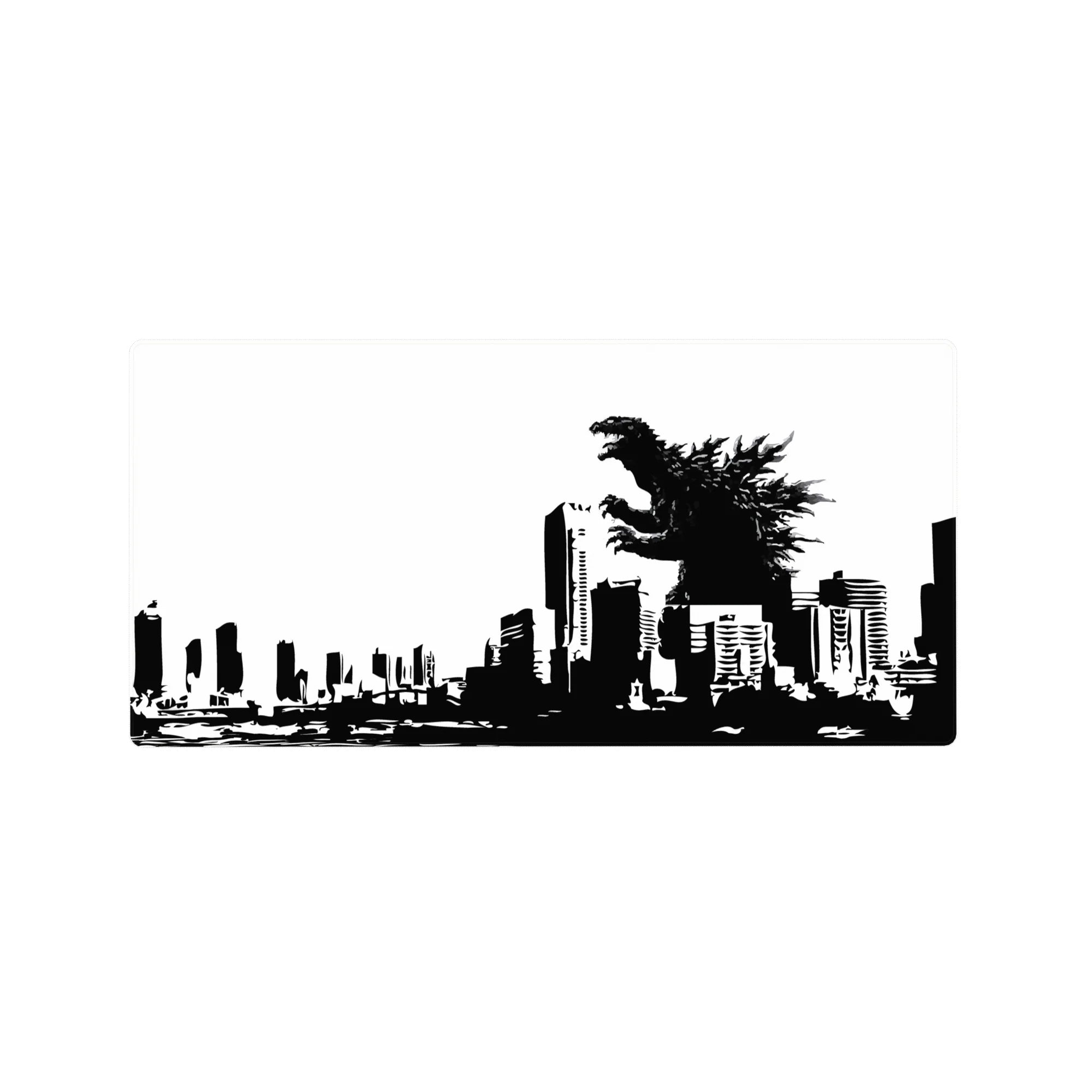 32x16 inches anime mouse pad with kaiju silhouette over shattered city skyline, bold graphic poster style.