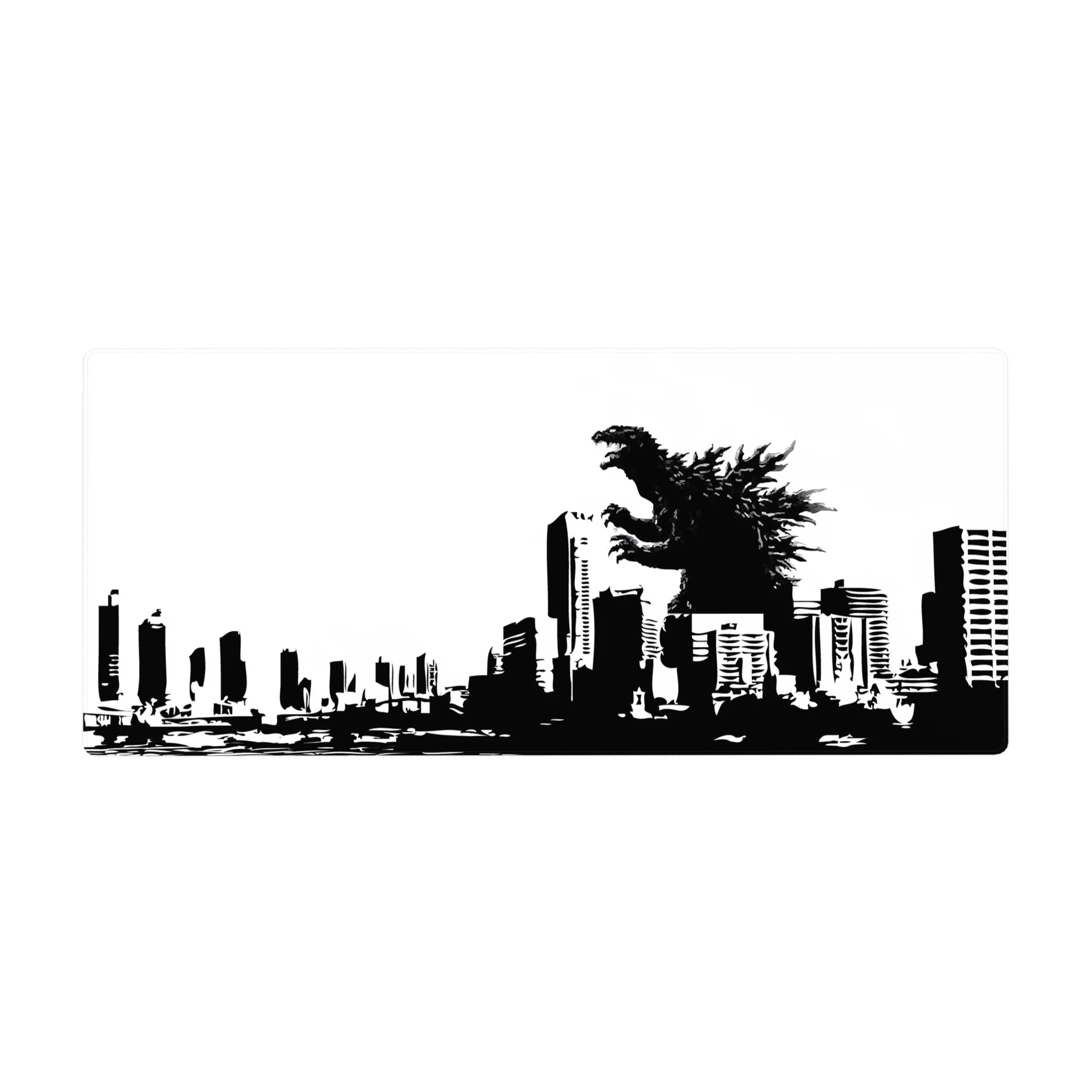 Anime desk pad 36x16 inches with kaiju silhouette towering over a black-and-white city skyline.