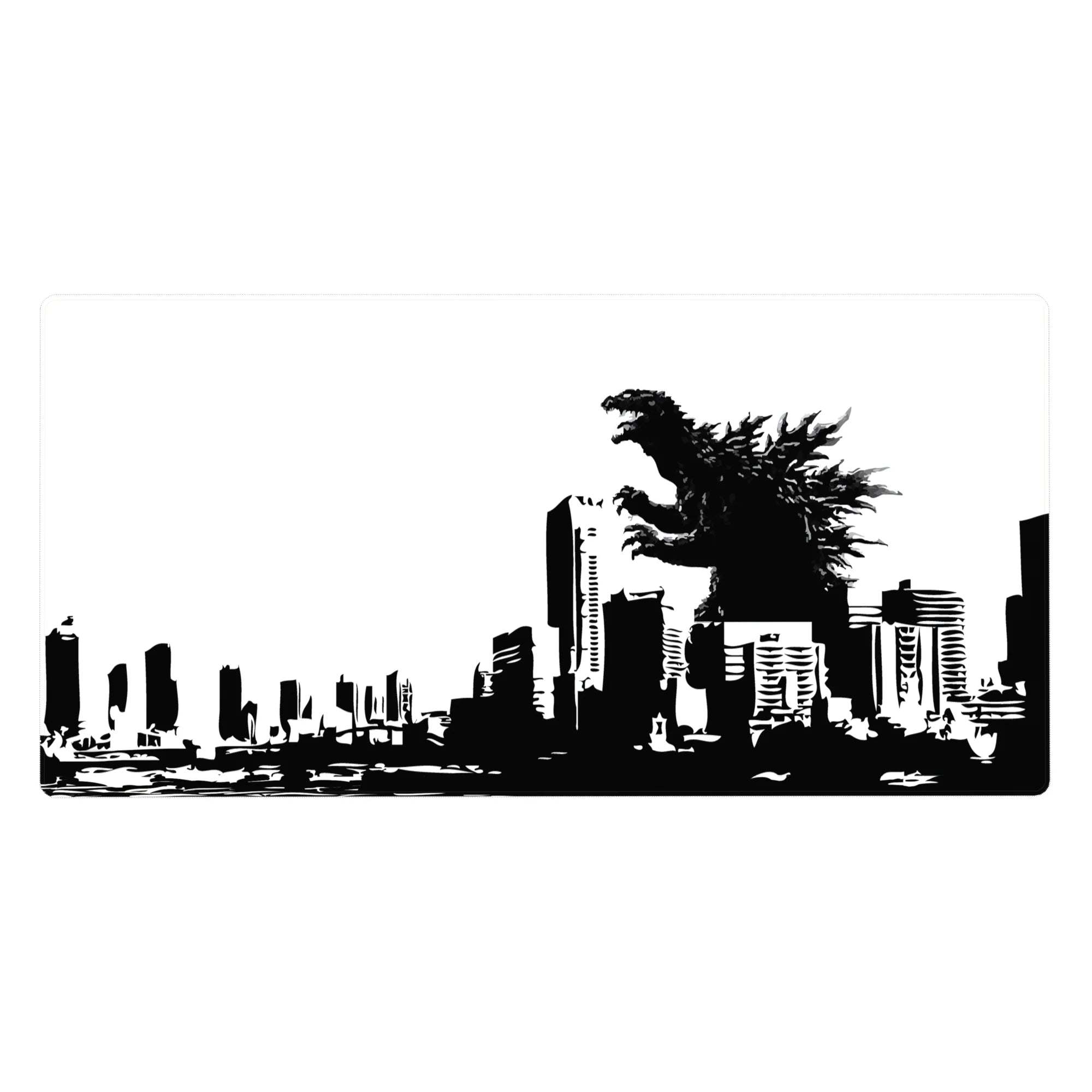 Anime desk pad 40x20 inches with black-and-white skyline and towering kaiju silhouette poster design.