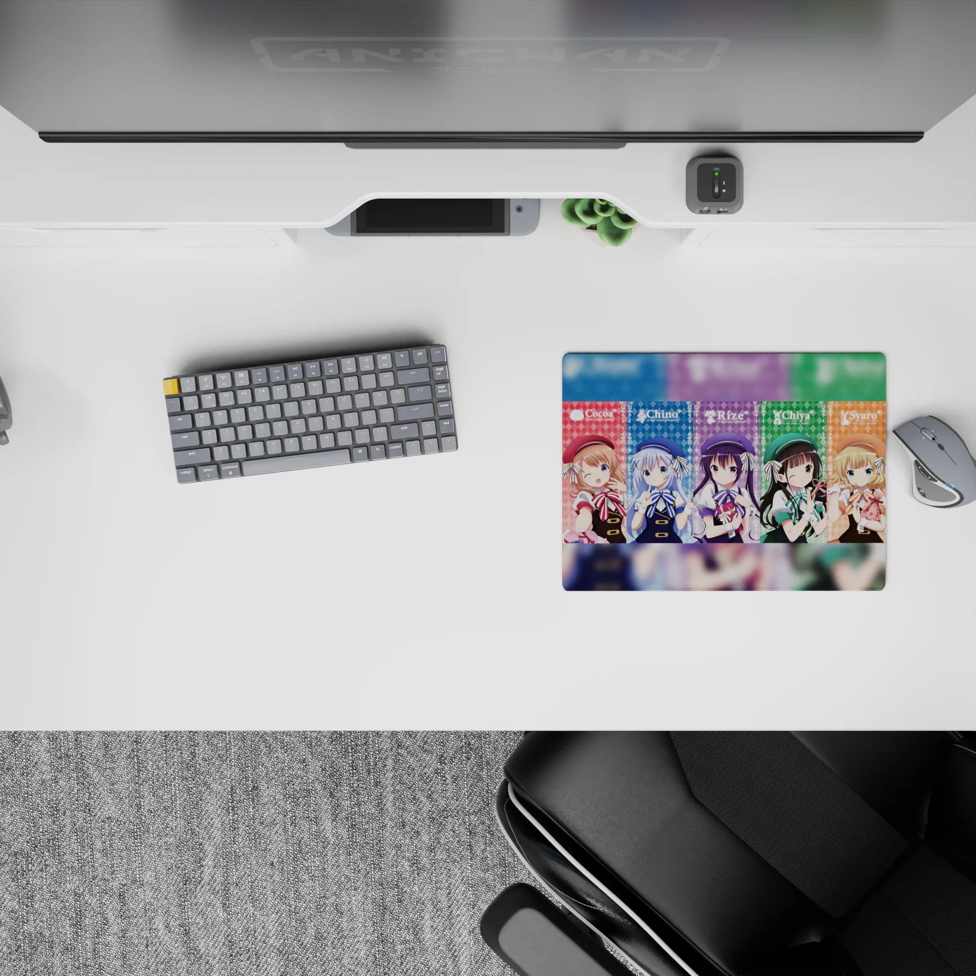 14x10 inches classic anime girl mouse pad in soft plaid pink, blue, purple, green, orange with cozy lace motifs.