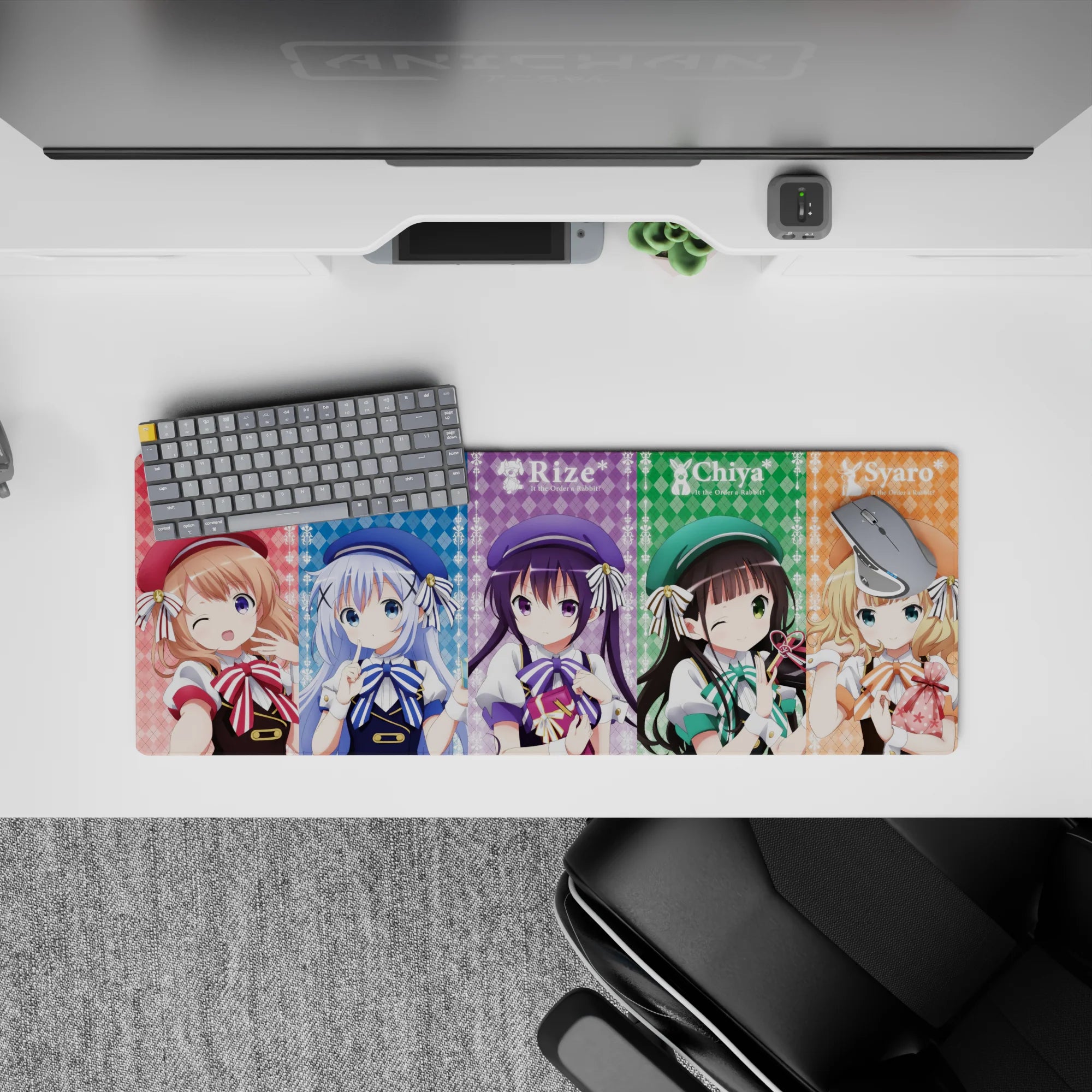 32x12 inches cute desk pad in soft plaid gradients with lace motifs, cozy after-school anime vibe.