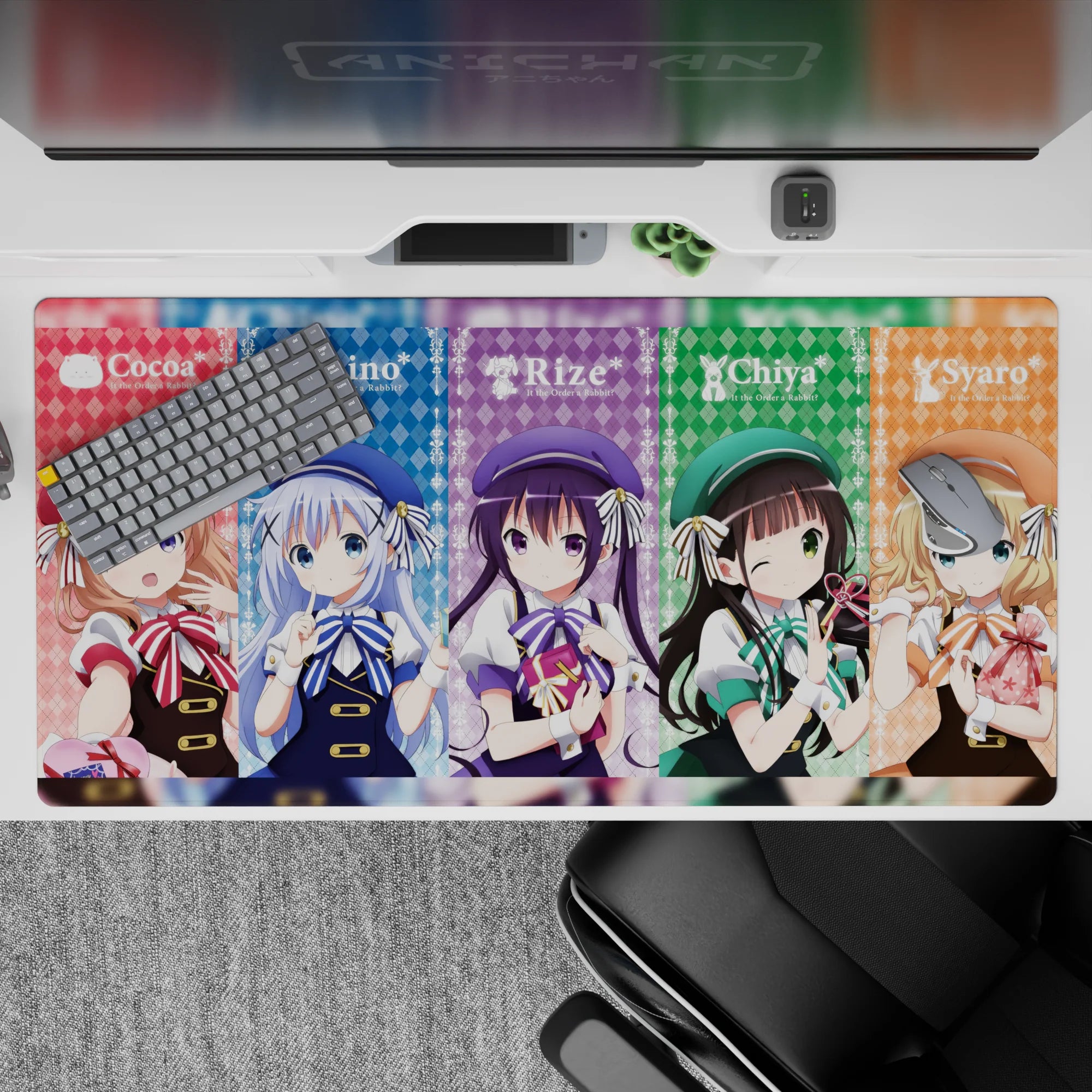 Plaid gradient pink blue purple green orange cute anime girl mouse pad, 40x20 inches.