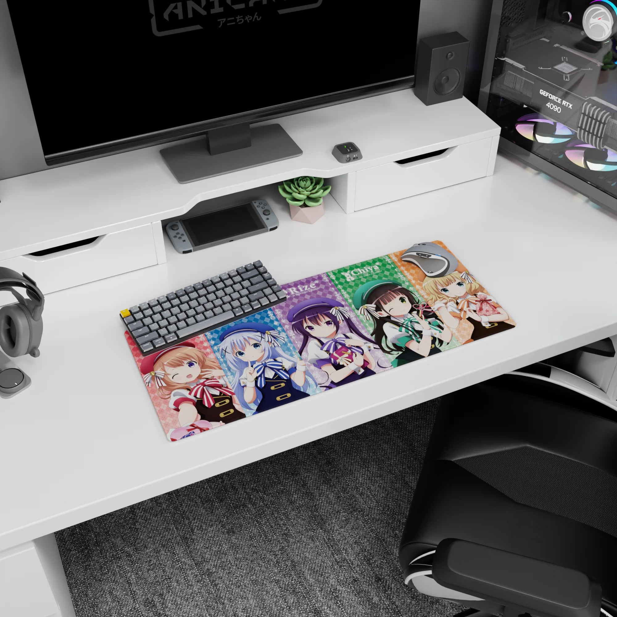 28x12 inches Is the Order a Rabbit? mouse pad showing Cocoa and friends winking with bows like a poster.