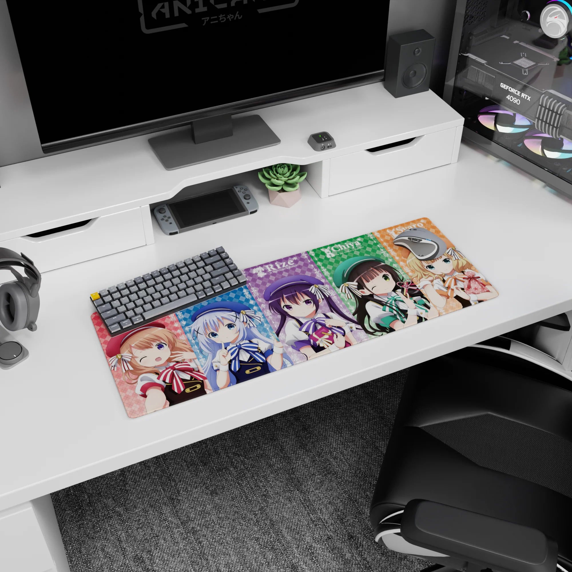 32x12 inches anime girl mouse pad showing Cocoa and friends winking with bows on pastel plaid panels.