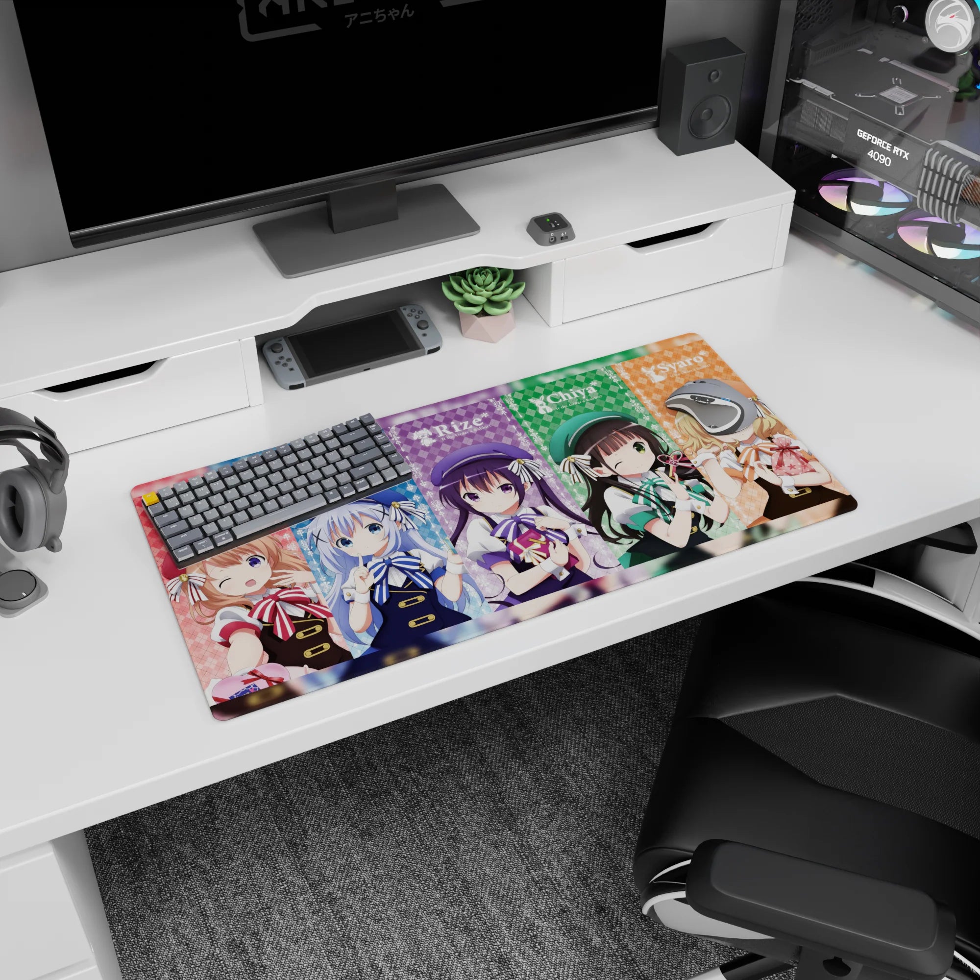 32x16 inches Is the Order a Rabbit? mouse pad showing five girls in panels with bows and winks.