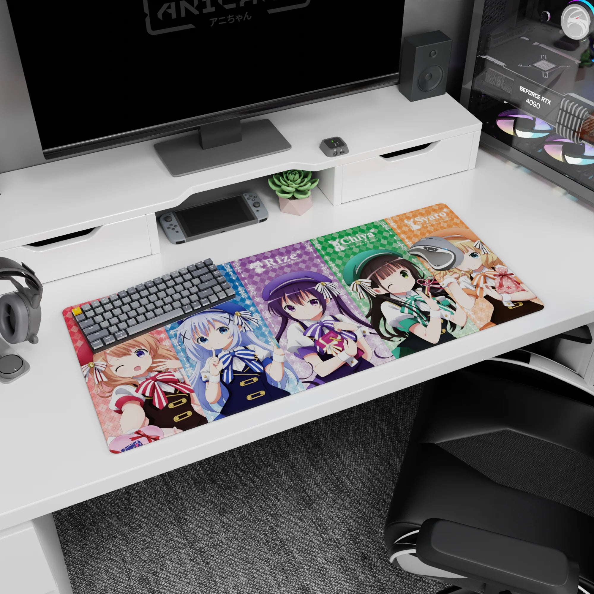 36x16 inches anime mouse pad showing five girls winking and bowing in colorful plaid panels.