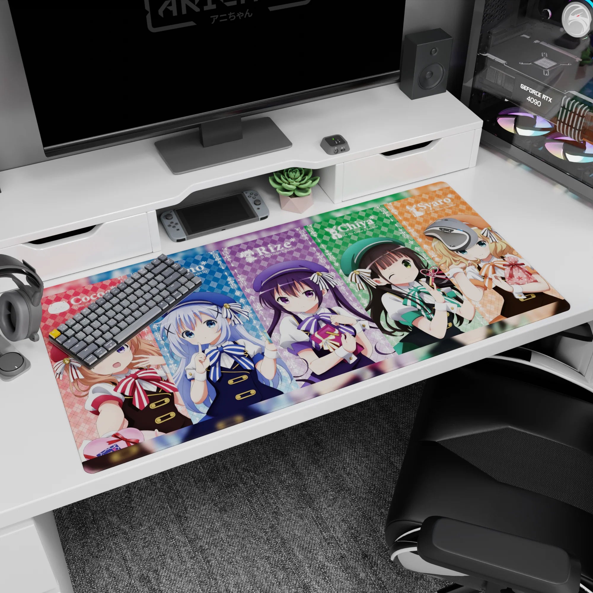 Cocoa, Chino, Rize, Chiya and Syaro lined up with bows and winks desk pad, 40x20 inches.