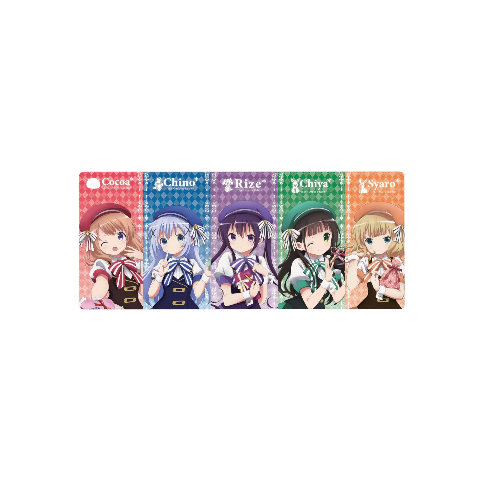 28x12 inches anime girl mouse pad with café poster lineup of Cocoa, Chino, Rize, Chiya, Syaro.