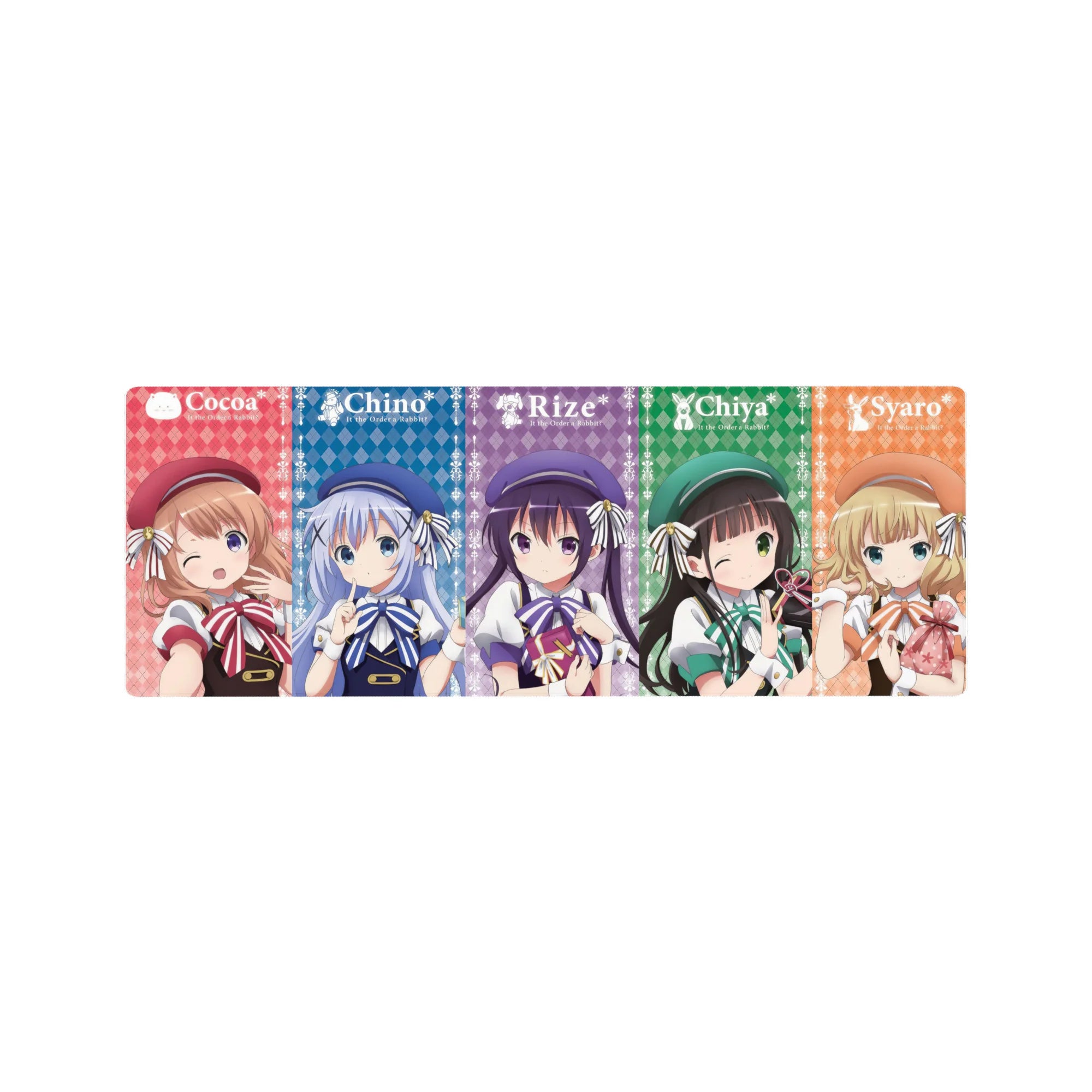 32x12 inches anime girl mouse pad with café poster lineup of Cocoa, Chino, Rize, Chiya, Syaro.