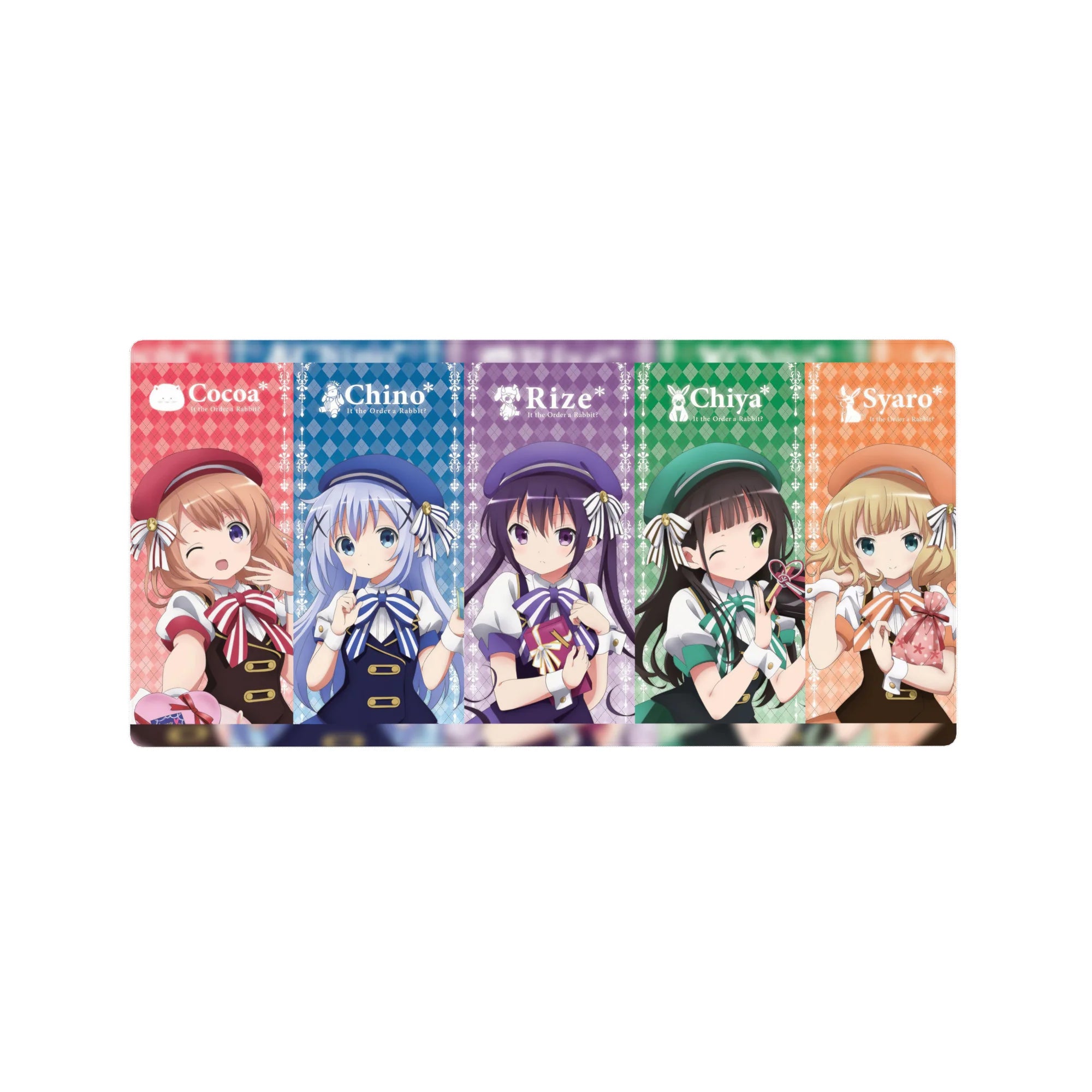 32x16 inches anime girl mouse pad with café poster lineup of Cocoa, Chino, Rize, Chiya, Syaro.