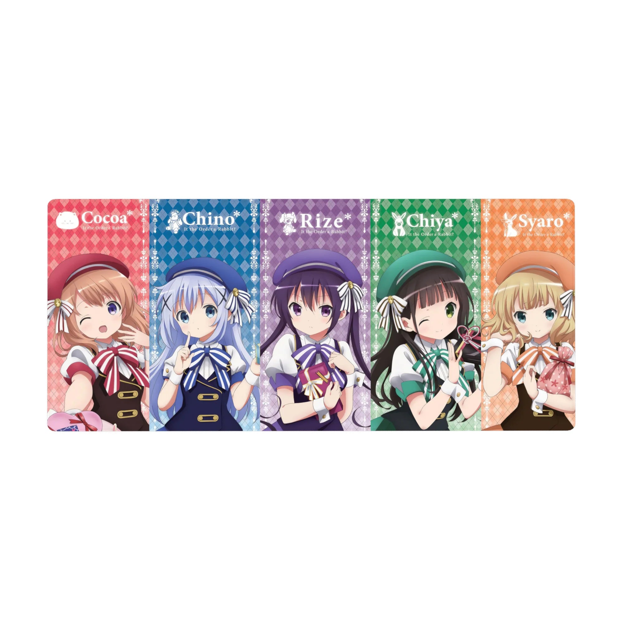 36x16 inches anime girl desk pad with café poster lineup of Cocoa, Chino, Rize, Chiya, Syaro.