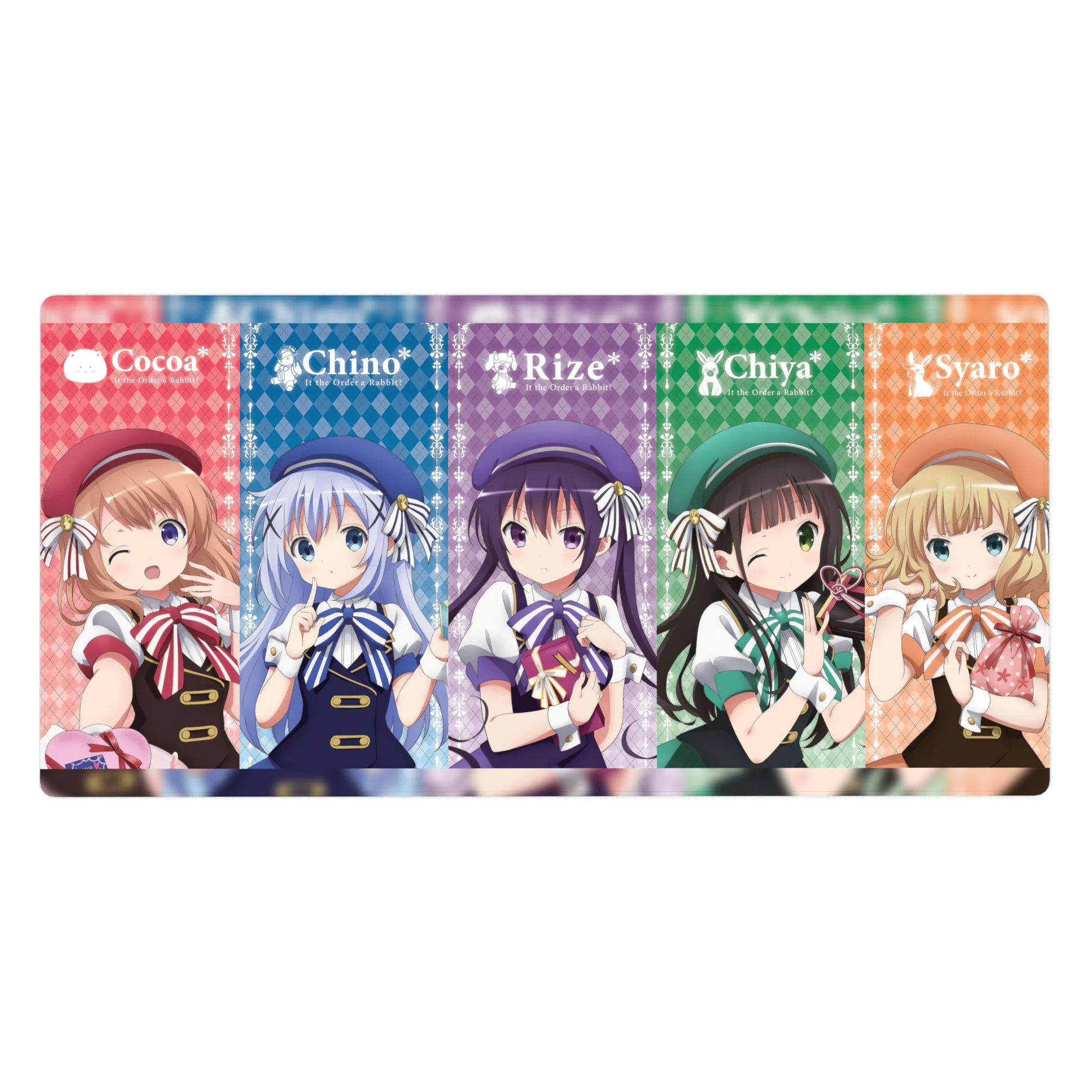 Is the Order a Rabbit? café poster lineup anime girl desk pad, 40x20 inches.