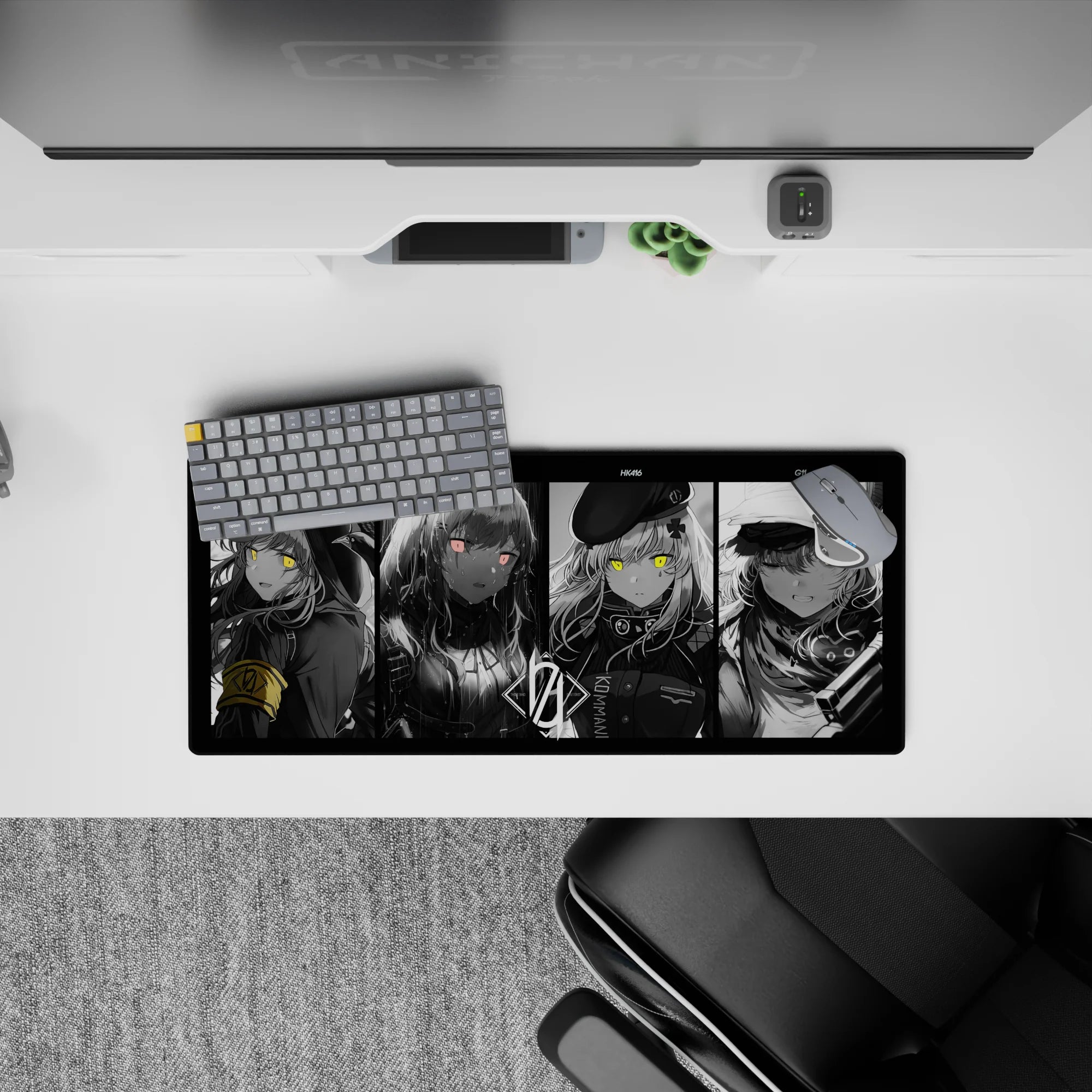 28x12 inches moody grayscale anime mouse pad with neon eyes, dark shadows, and subtle yellow-pink accents.