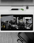 32x16 inches moody grayscale anime mouse pad with neon pink and yellow accents and glowing eyes.