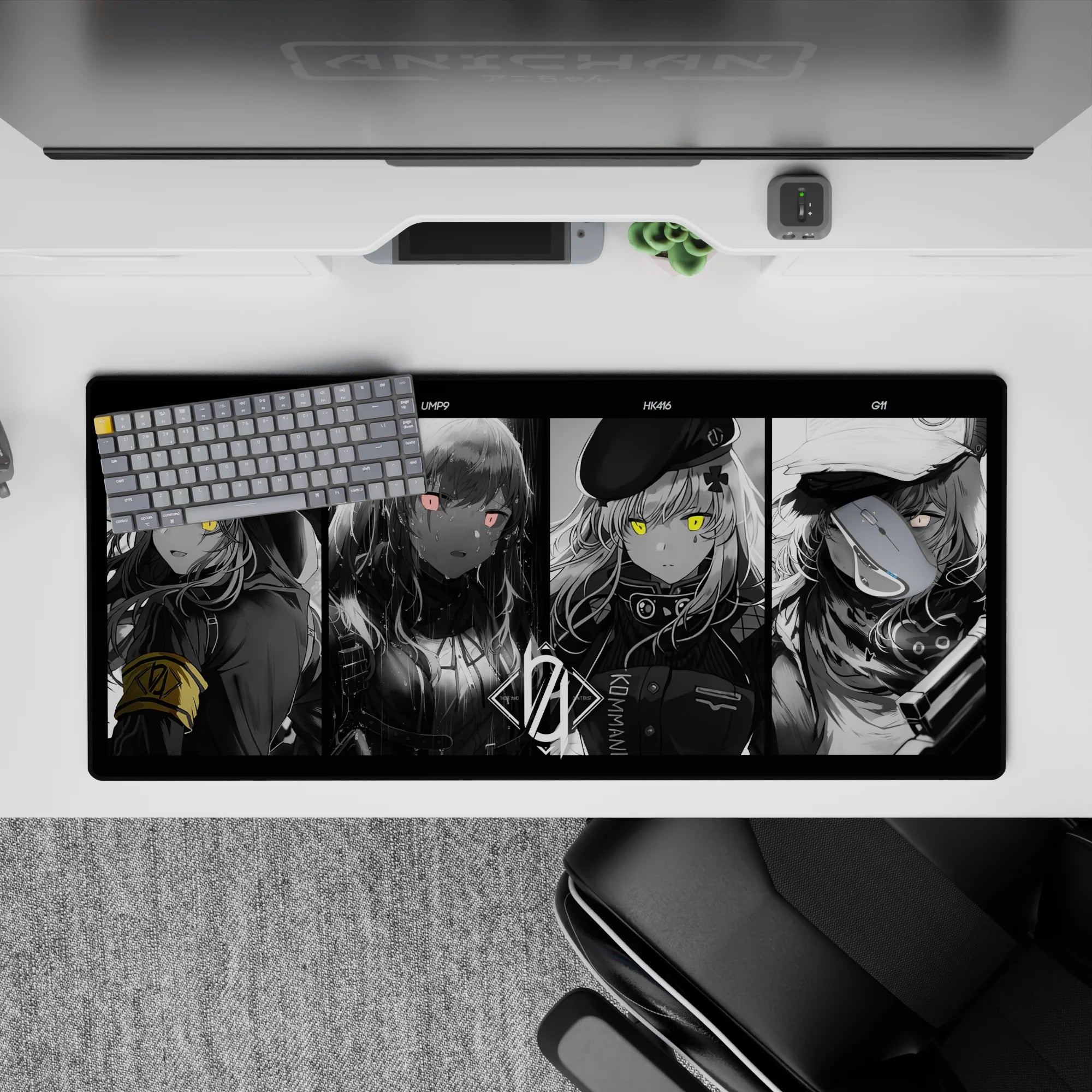 36x16 inches moody grayscale anime desk pad with neon green eyes, dark shadows, and pink/yellow accents.