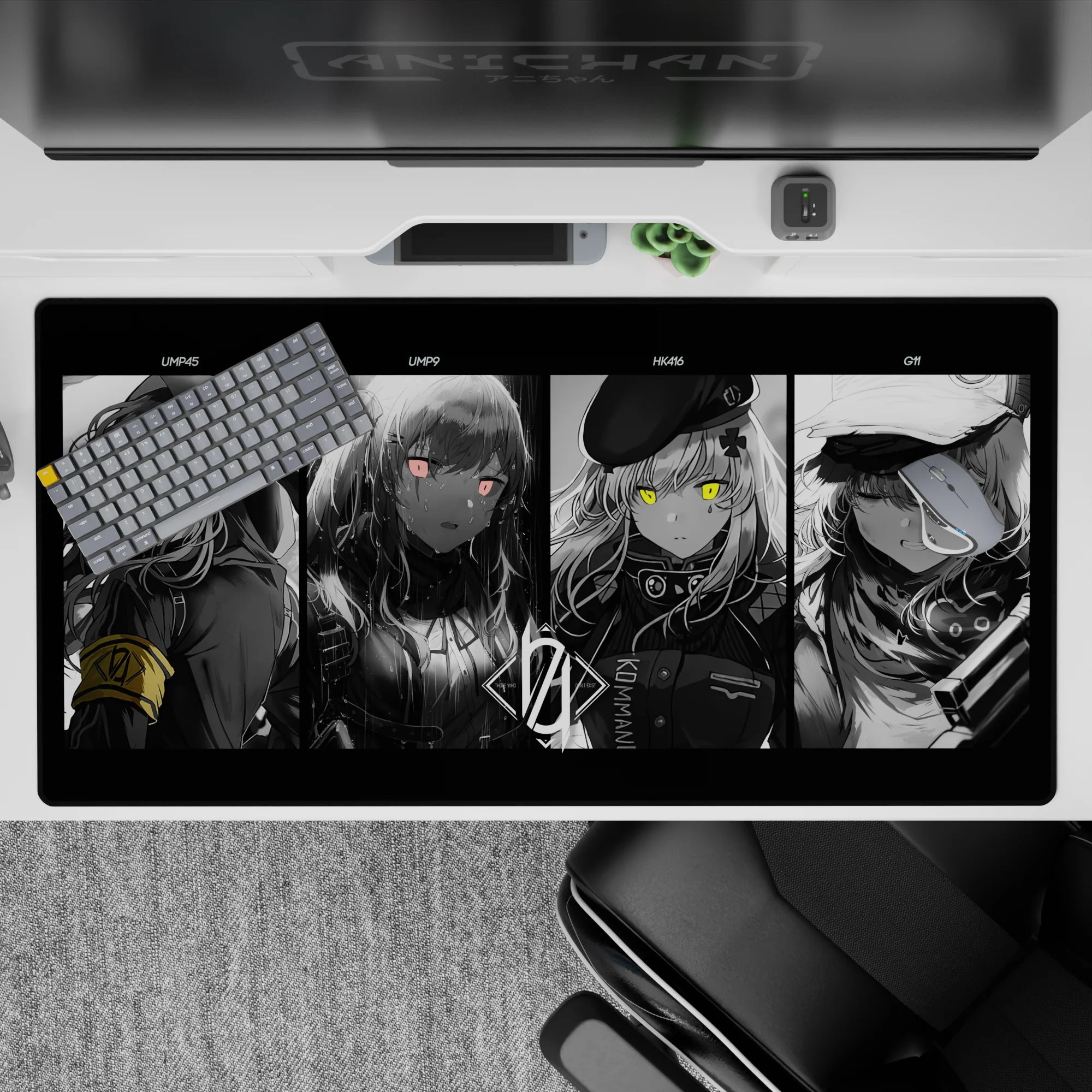 40x20 inches moody grayscale anime desk pad with neon eyes, dark shadows, and tiny pink-yellow accents.