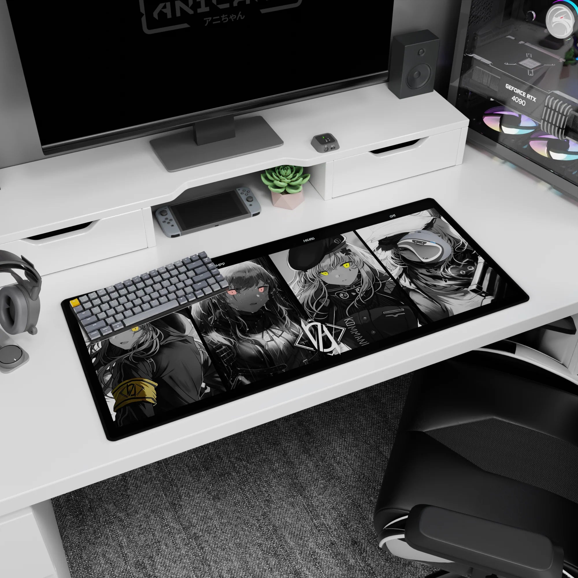 36x16 inches anime girl desk pad showing hooded and beret portraits, rain-soaked hair, smirk, rifle vibe.