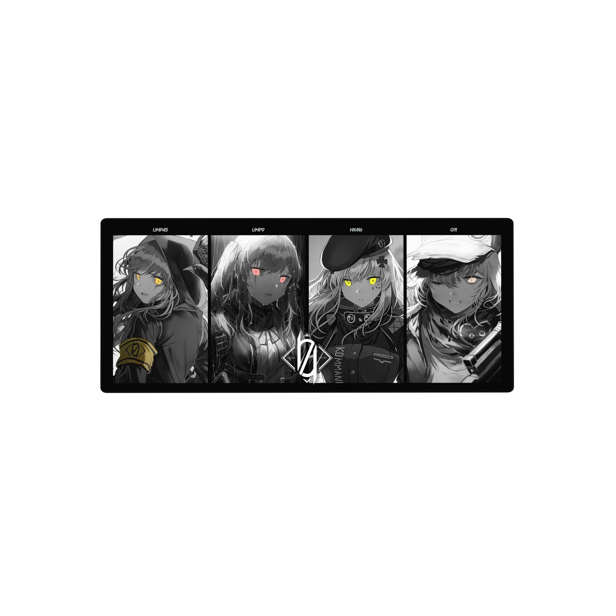 28x12 inches anime girl mouse pad with four grayscale portraits, neon eyes, tactical-cute panel layout.