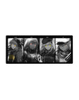28x12 inches anime girl mouse pad with four grayscale portraits, neon eyes, tactical-cute panel layout.