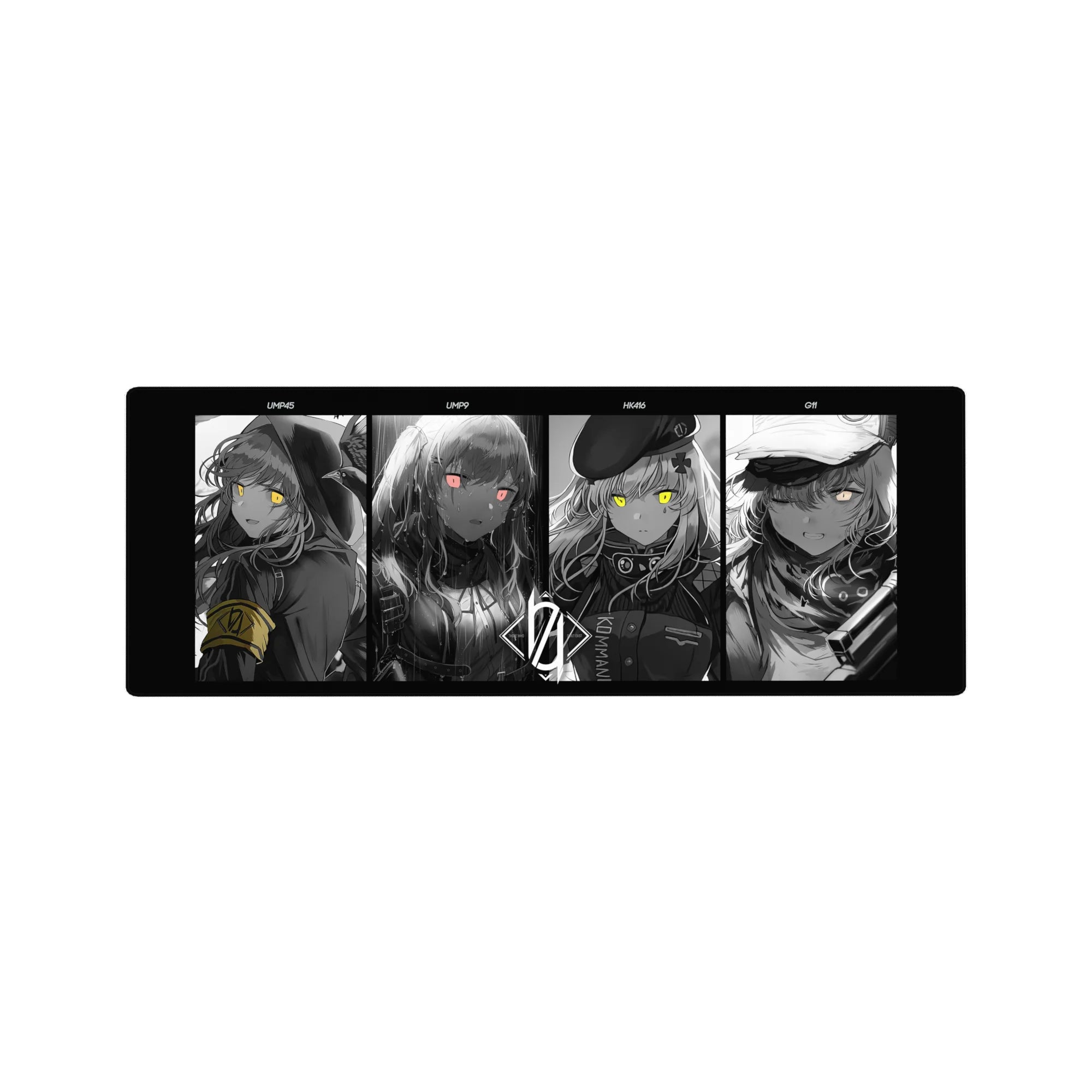 32x12 inches anime girl mouse pad with four grayscale portraits, neon eyes, sharp panel layout, tactical-cute vibe.