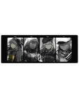 32x12 inches anime girl mouse pad with four grayscale portraits, neon eyes, sharp panel layout, tactical-cute vibe.