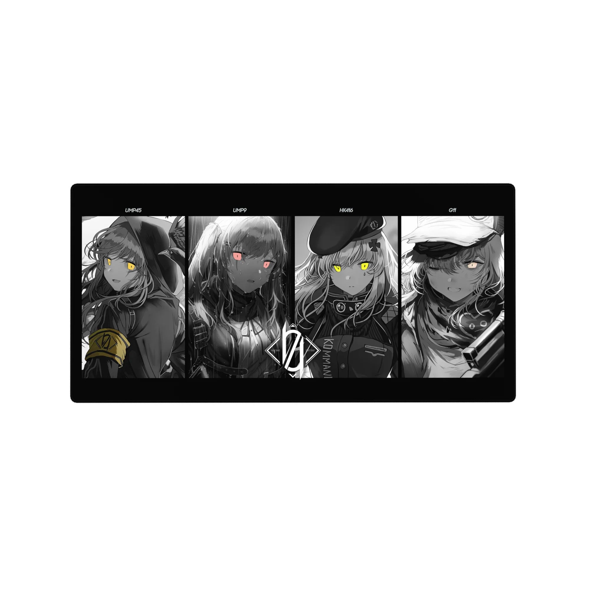 32x16 inches anime girl mouse pad with four-panel grayscale portraits and neon eyes, tactical cute style.