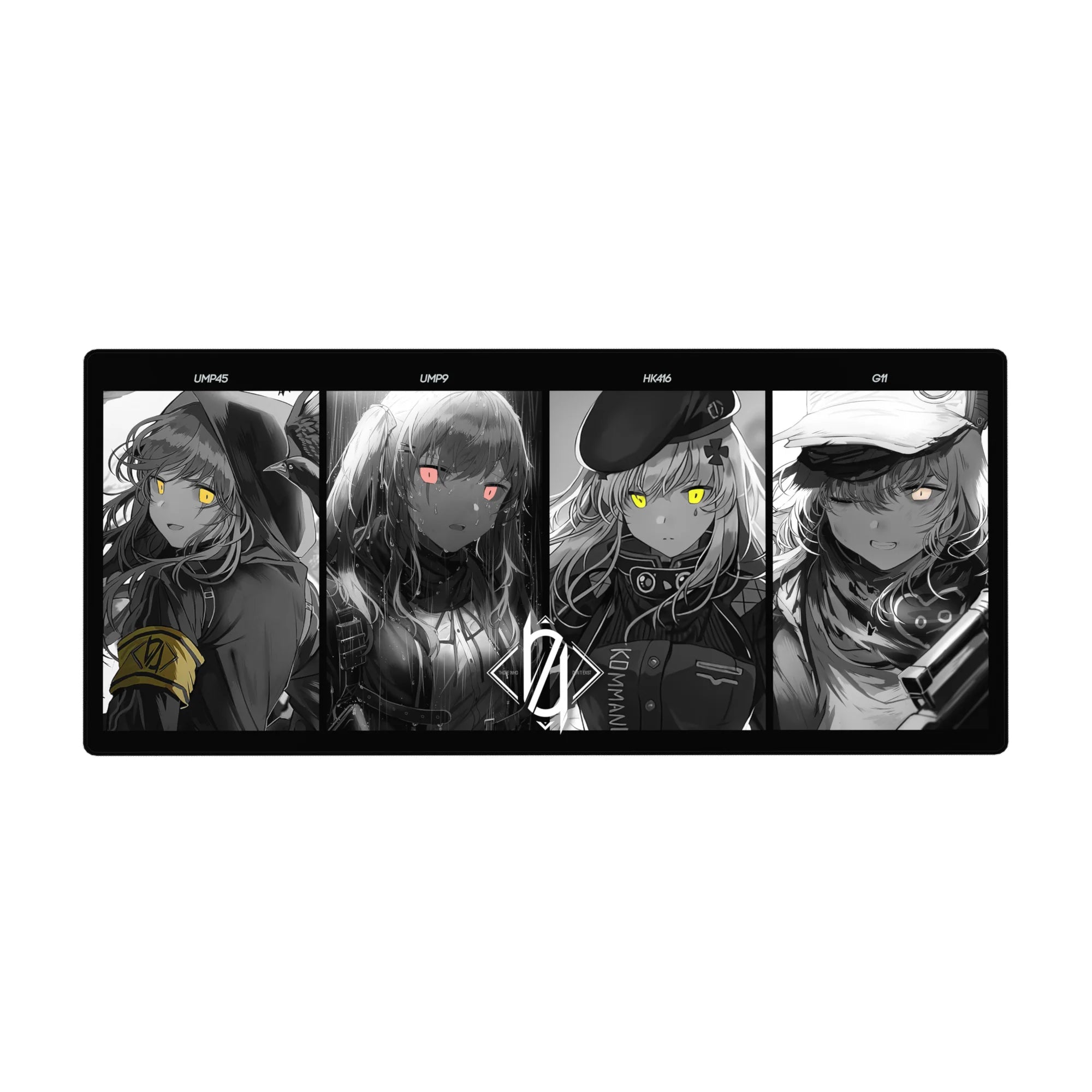 36x16 inches anime girl desk pad with four grayscale portraits and neon eyes in a sharp panel layout.