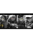 36x16 inches anime girl desk pad with four grayscale portraits and neon eyes in a sharp panel layout.