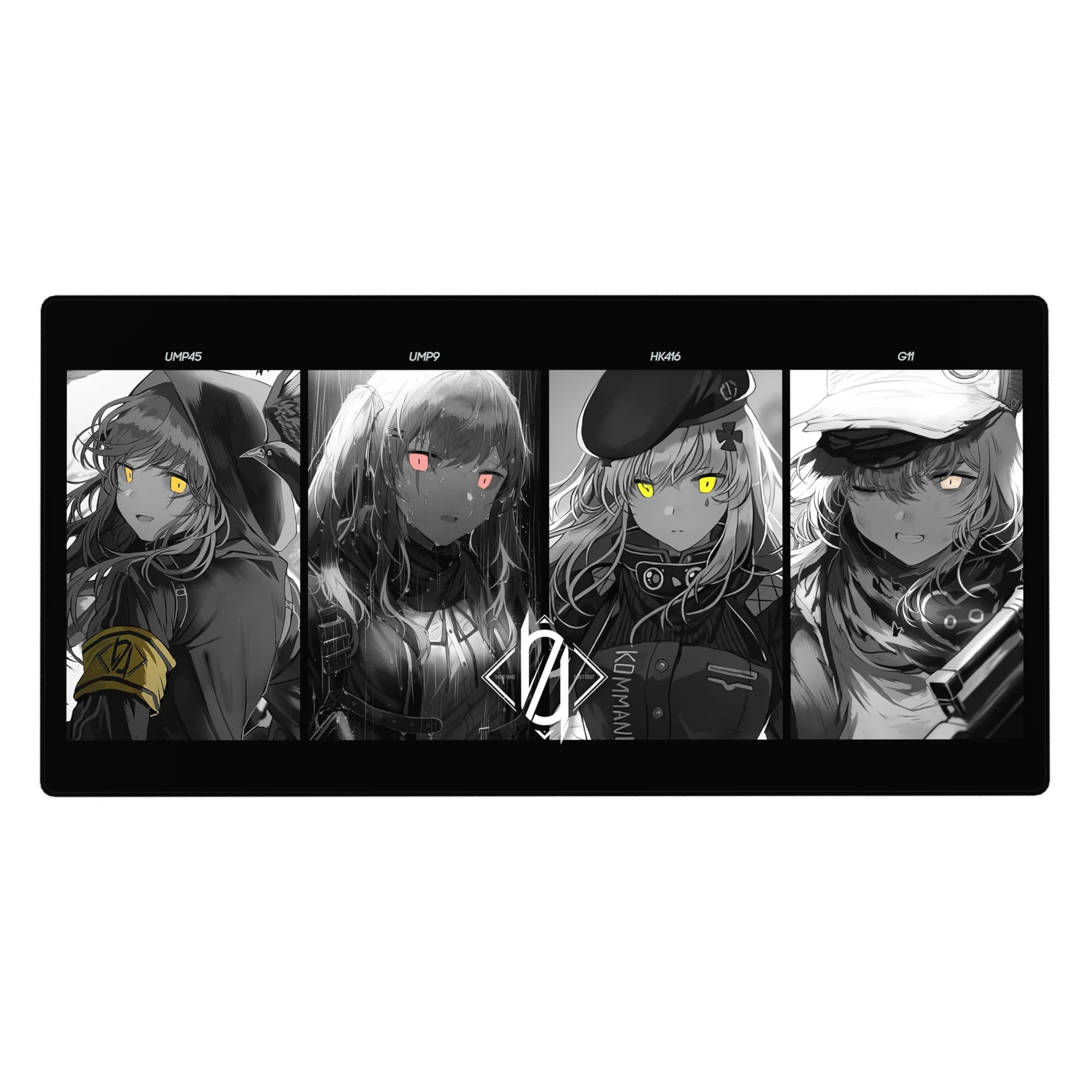 40x20 inches anime girl desk pad with four grayscale portraits, neon eyes, and sharp panel layout.
