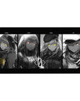 40x20 inches anime girl desk pad with four grayscale portraits, neon eyes, and sharp panel layout.