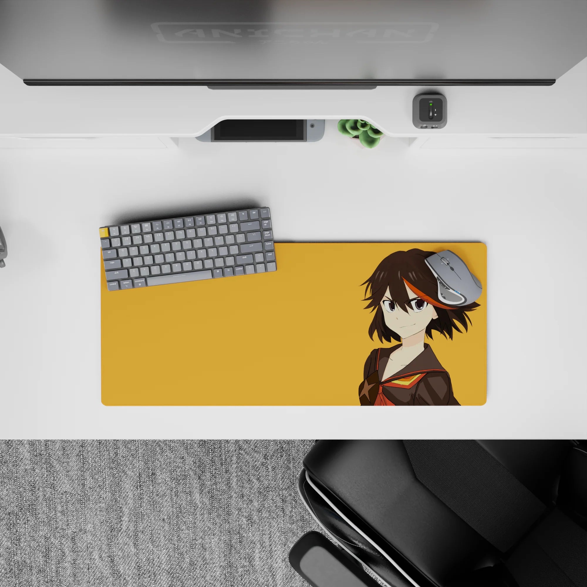 Bold orange anime girl mouse pad 28x12 inches, warm backdrop with red-gold trim and cocky vibe.