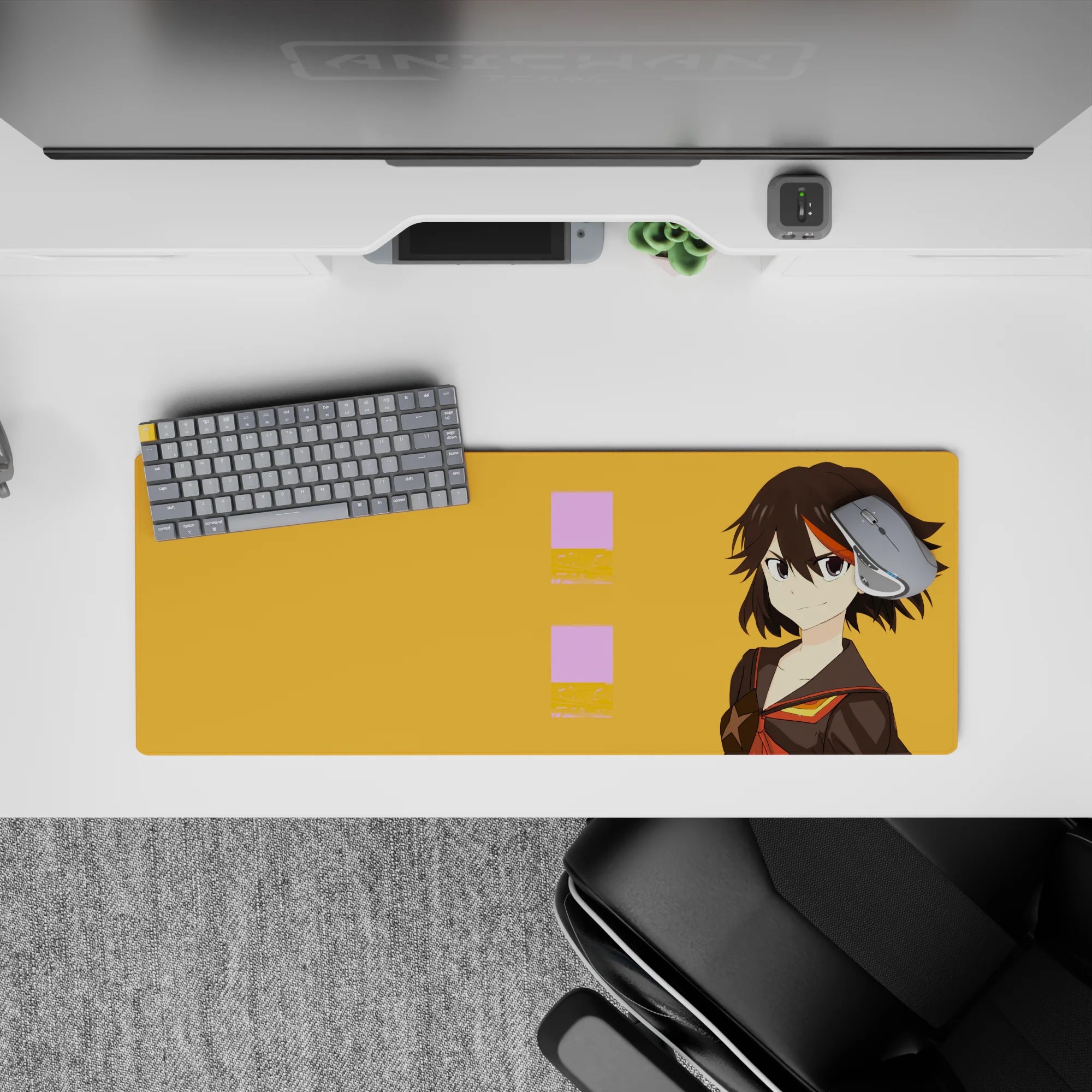 32x12 inches anime desk mat in warm orange with bold, cocky vibe and crisp black-red-gold accents.