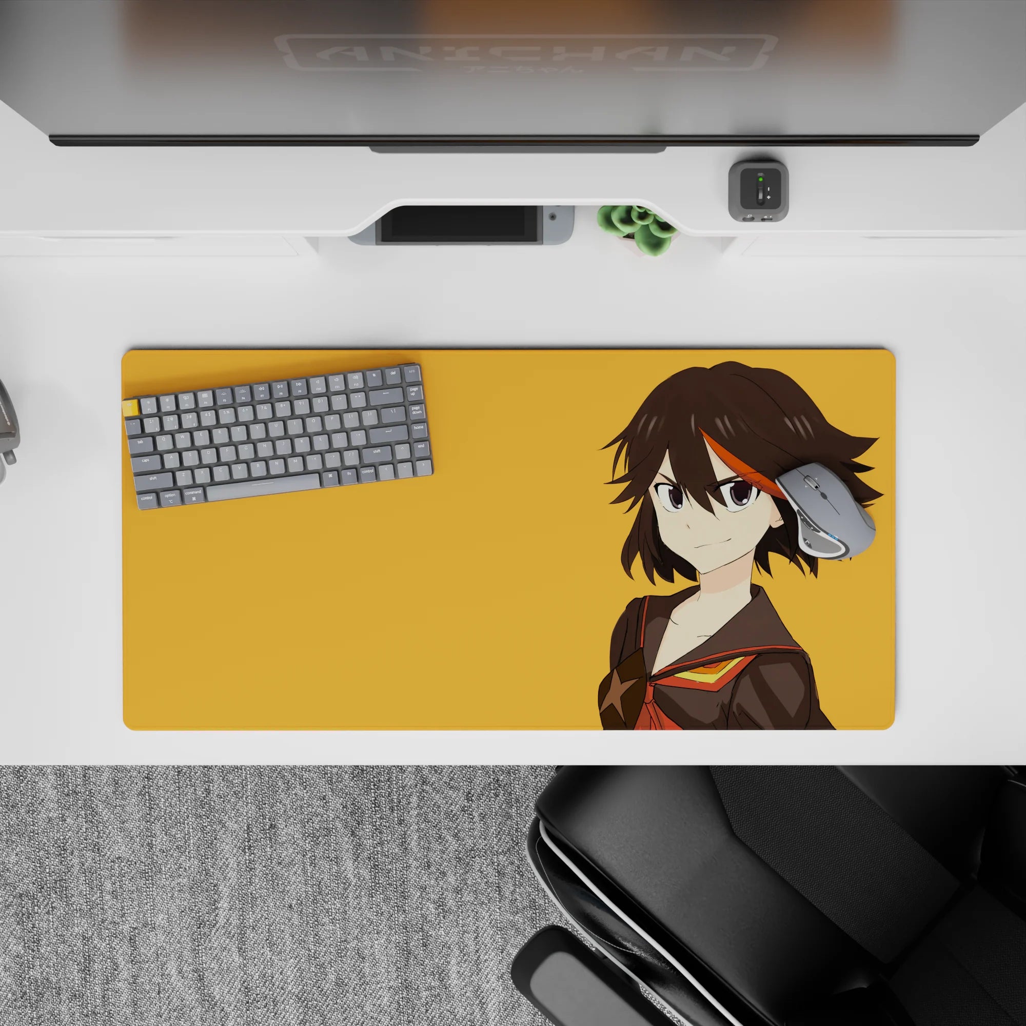 32x16 inches anime mouse pad in black, red and gold with bold, cocky vibe against bright orange.