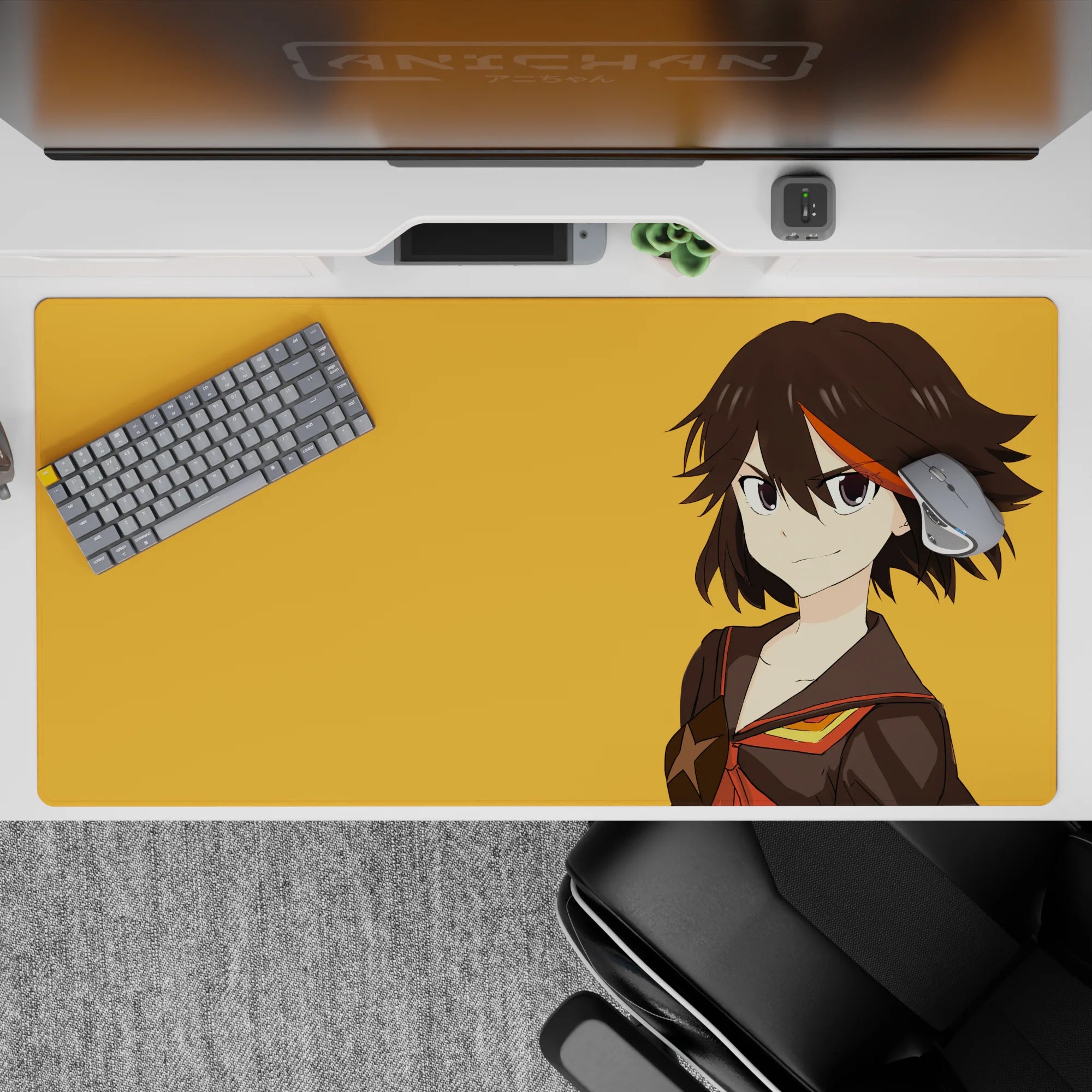 Orange backdrop 40x20 inches anime desk pad, black uniform with red-gold trim, cocky vibe.
