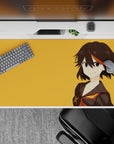 Orange backdrop 40x20 inches anime desk pad, black uniform with red-gold trim, cocky vibe.
