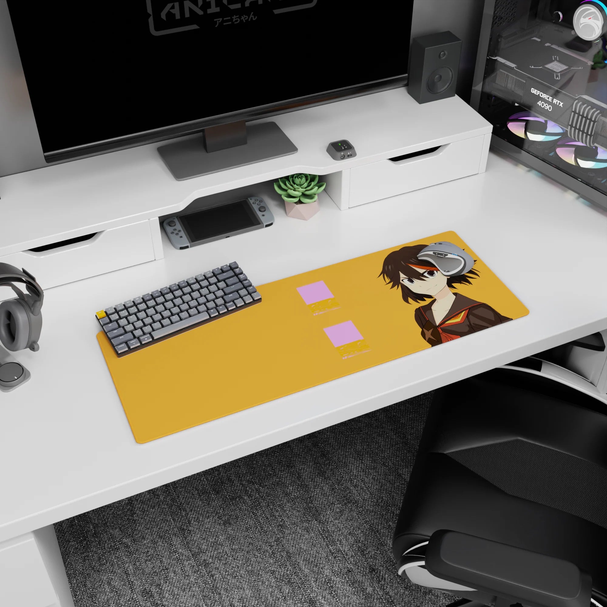 32x12 inches mouse pad showing sharp-eyed anime girl with short dark hair and orange streak on orange backdrop.