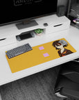32x12 inches mouse pad showing sharp-eyed anime girl with short dark hair and orange streak on orange backdrop.