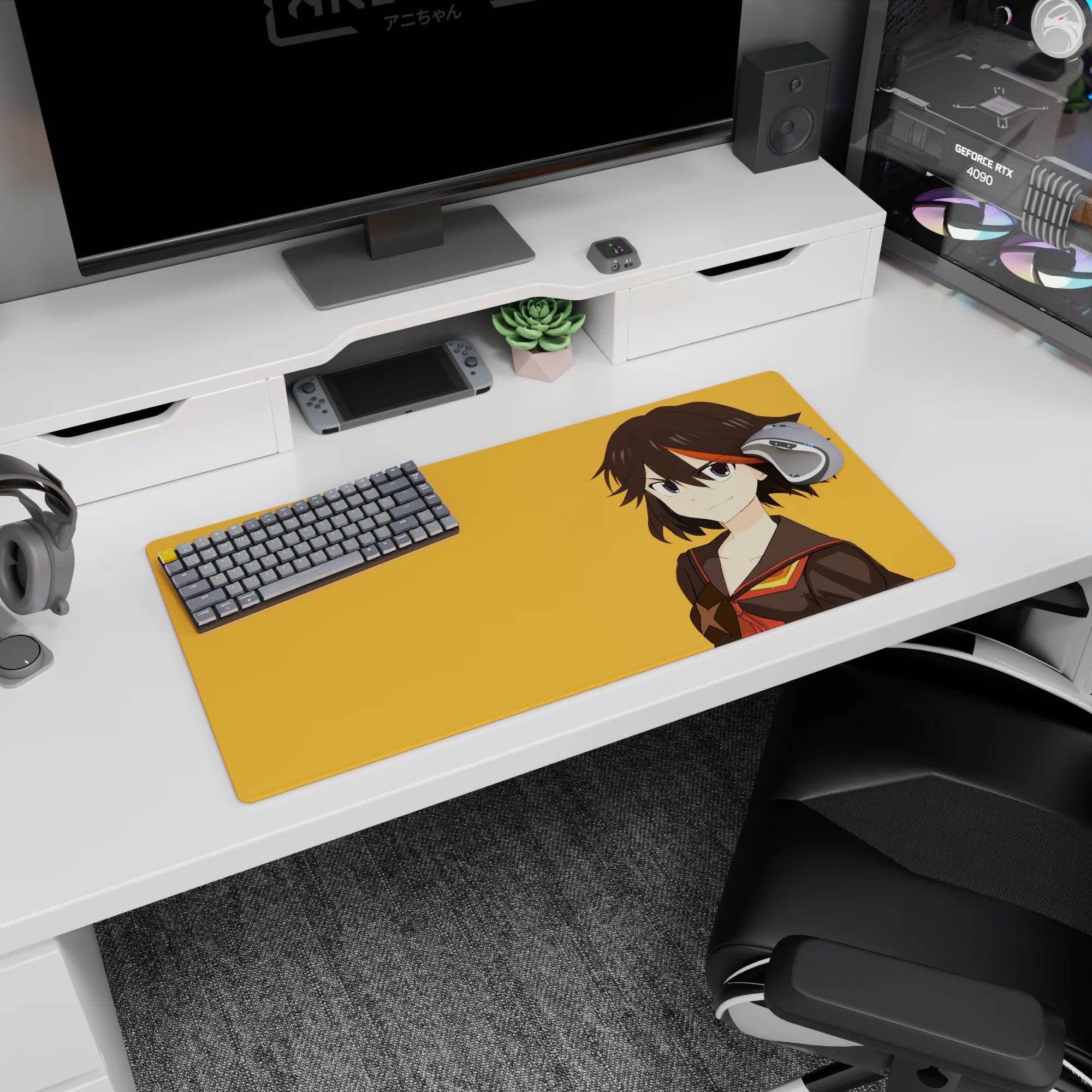 32x16 inches desk mat featuring sharp-eyed anime girl with short dark hair and orange streak, star trim.