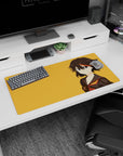 32x16 inches desk mat featuring sharp-eyed anime girl with short dark hair and orange streak, star trim.