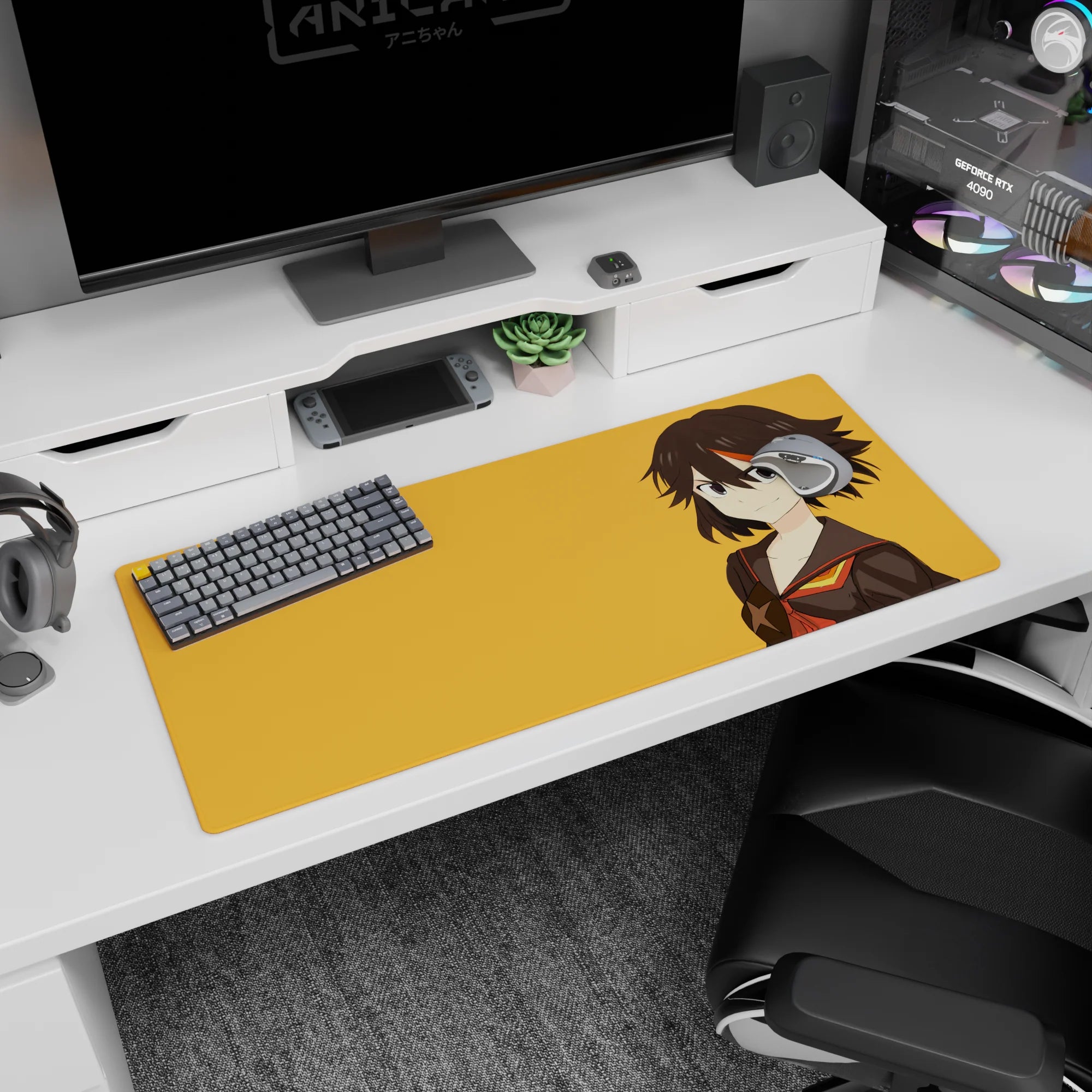 Smirking anime girl with short dark hair and orange streak on sailor uniform desk pad 36x16 inches.